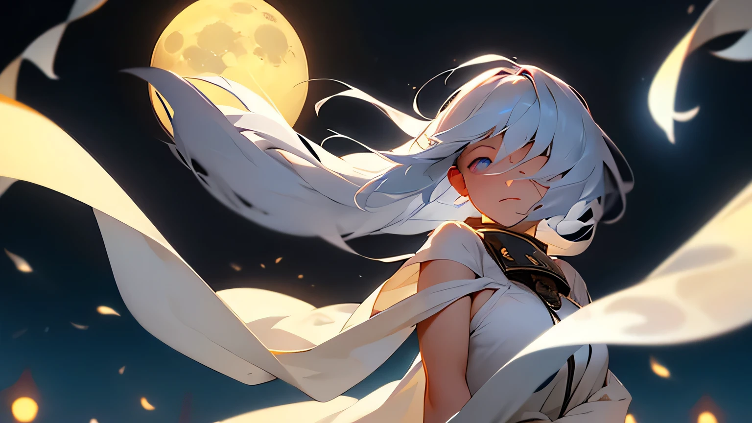White cloth ghost Flying in the night sky A full moon filling the entire field of vision Shrine grounds Backlit by the moon She has only one eye and her hair hides her face.