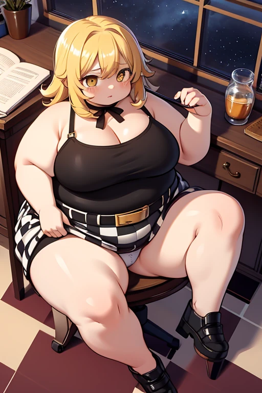 4k, high quality, obese shinobuYoung, masterpiece, Best quality, absurdity, obese 1girl, big cheeks, Blonde hair, Yellow golden eyes, One, Sort, night, , Desktop, obese , round table, sitting, , panties are visible,  looking,  shoulders, white short dress, sliding belt, clavicle, (view from above:1.1), (inexpressive:1.1), slim, browse, (Checkered floor:1.5), (knee up:1.3)
