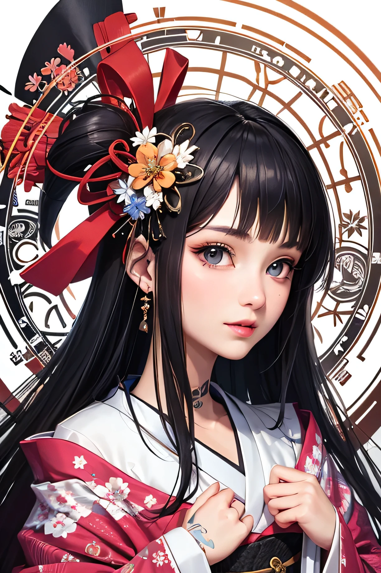 ((highest quality)),(detailed), Perfect Face,Kimono beauty,Magic circle tattoo,Halo