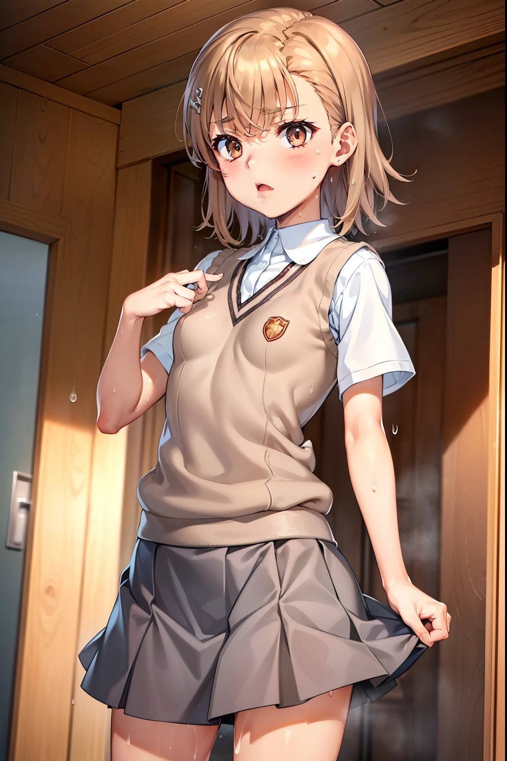 Smooth anime CG art、Focus Only、1 girl、Front view、(((Grey Skirt)))、Sweater vest、Short sleeve、(((Small breasts)))、(((sweat)))、Semi-short hair、(((Sweaty)))、Watery eye、blush、(((Embarrassed look)))、((Open your mouth))、(((Are standing)))、((indoor))