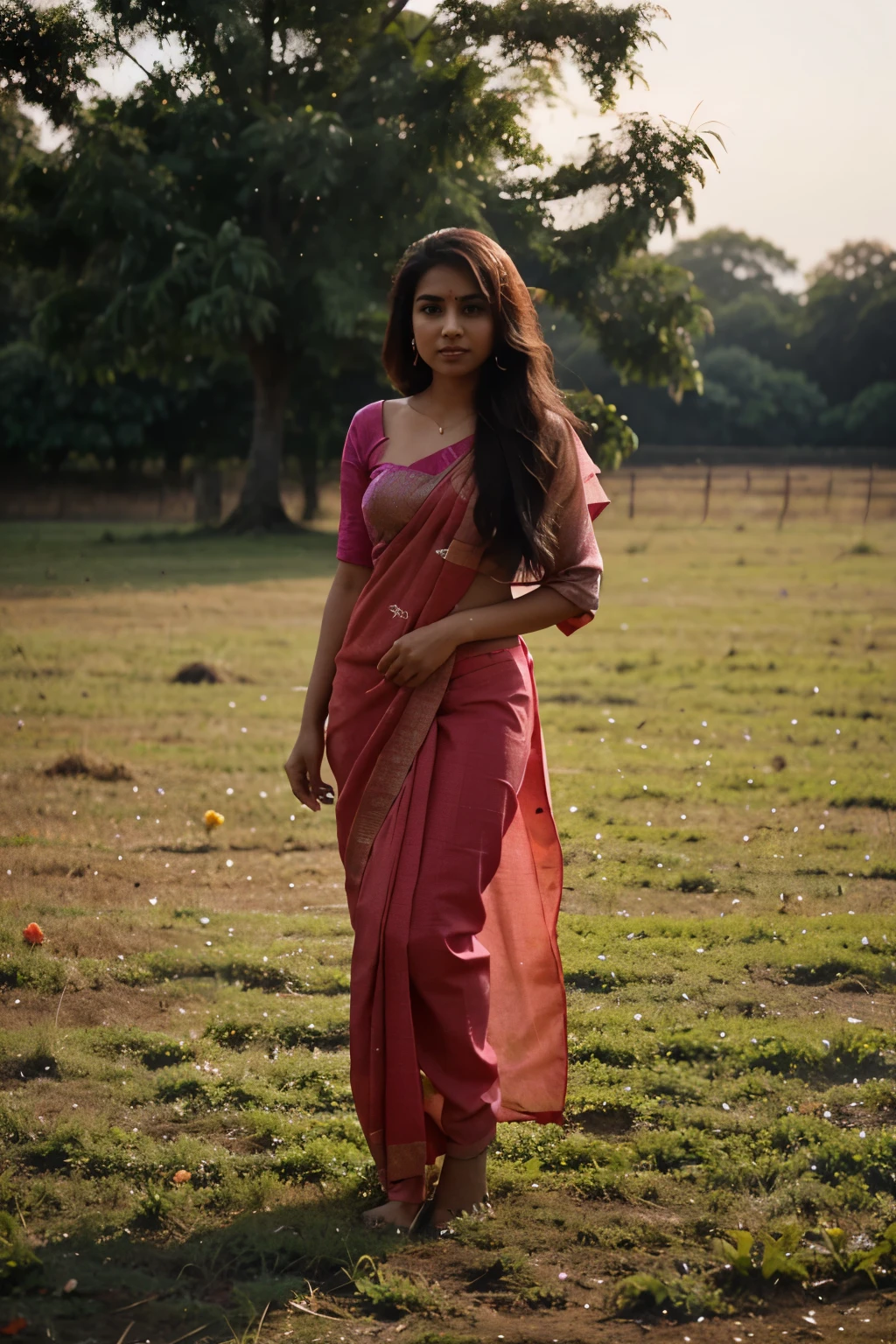 a 20 year old age girl in a barbie pink colour sari standing in a field, indian aesthetic, traditional beauty, with lovely look, dressed in a sari, wearing a sari, very beautiful girl, attractive girl, pink colored traditional wear, wearing bihu dress mekhela sador, stylish dance pose, actress, with pink clothes, indian goddess