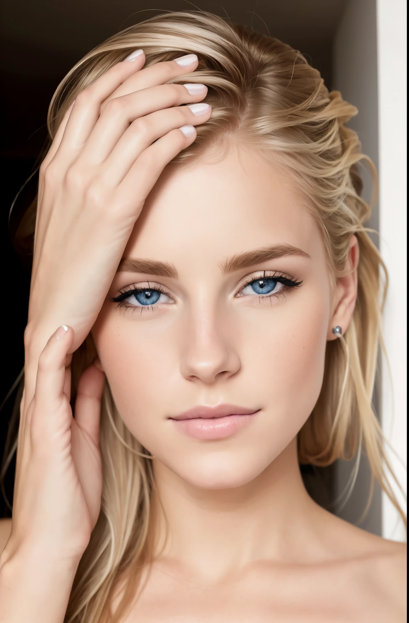 ((best quality)), ((ultra resolution)), ((photorealistic)), (intricate details), 19 ans, Cheveux blond, visage parfait, se maquiller:1.5, Light on the face, facial detail, nu, cheveux courts,