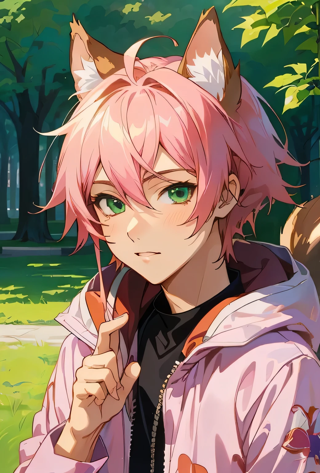 anime boy with pink hair and ears in a park, with green eyes, orange - haired anime boy, key anime art, rin, kawaii realistic portrait, anime boy with squrrel ears, detailed anime character art, anime style portrait, realistic anime artstyle, beautiful anime boysquirrel, anime character portrait, painted in anime painter studio, made with anime painter studio, smooth anime cg art,
