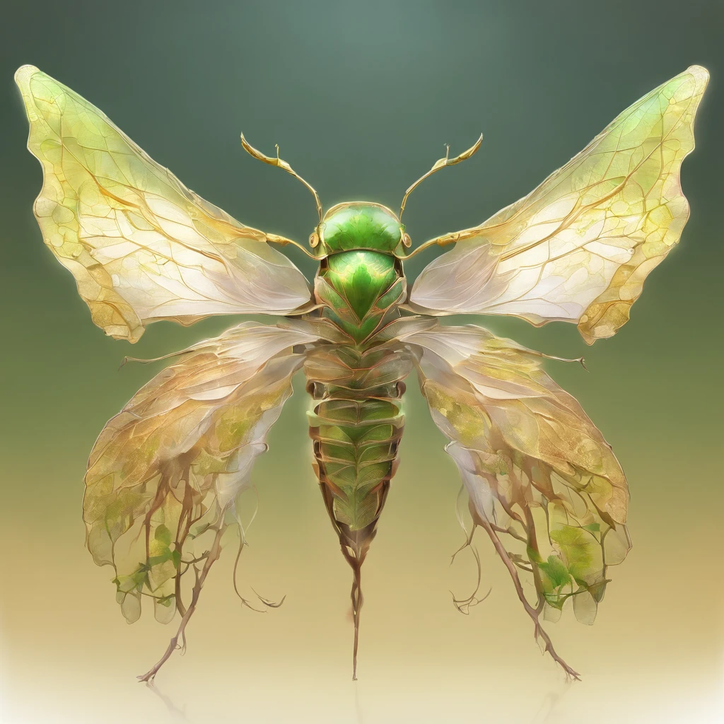 on a white background, in the center, The spring-autumn cicada has a brownish-yellow head and abdomen. Its surface has the texture of tree rings, as if she had witnessed countless years. On her back she has two very wide and translucent wings, similar to two soft and lush green overlapping tree leaves, which have just blossomed. Both wings have a similar structure, resembling a typical leaf with reticulated veins. There is a rough stem in the center, and from this stem grows a network of veins of leaf lines on both sides. White background., in the center