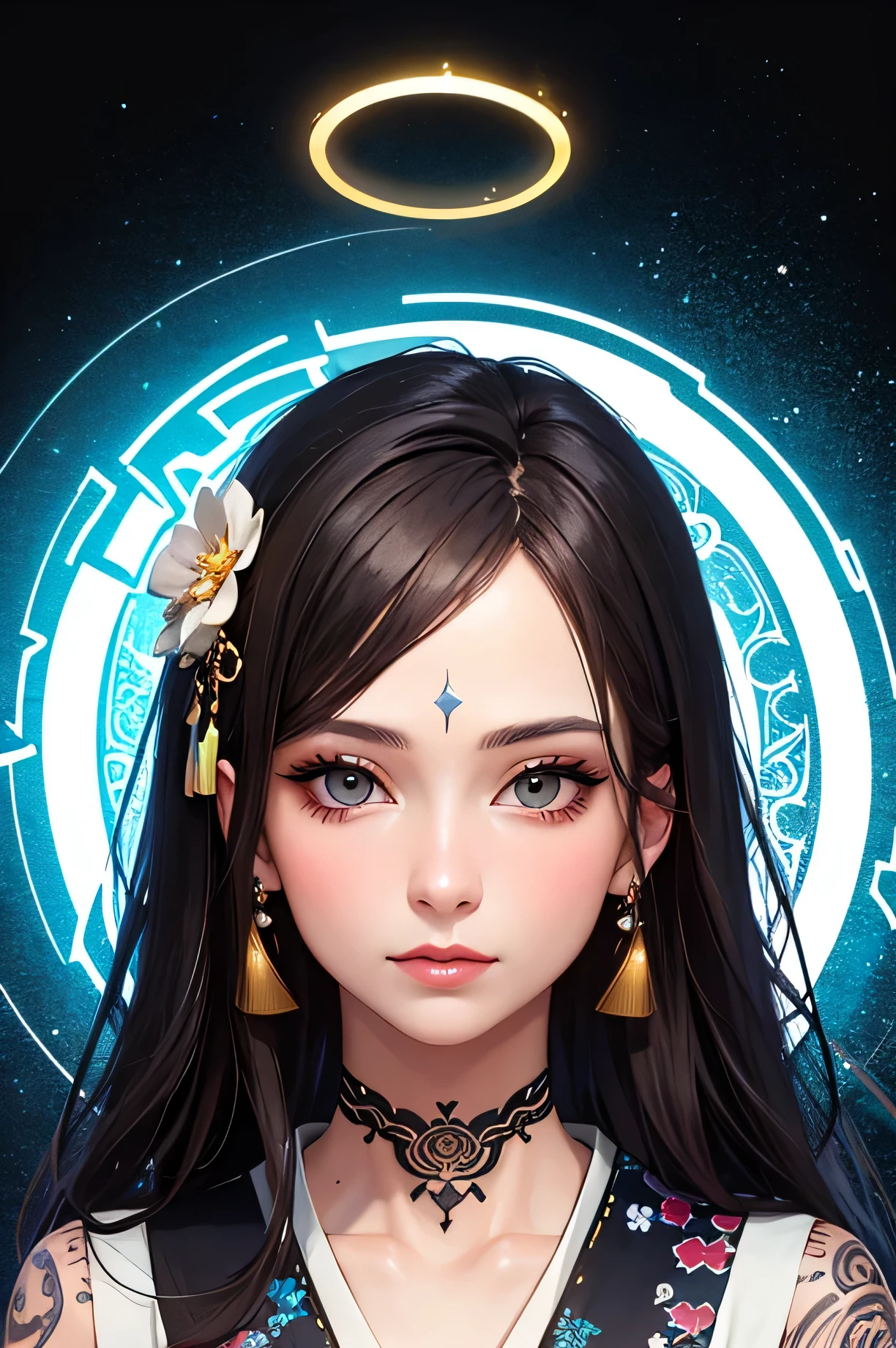 ((highest quality)),(detailed), Perfect Face,Kimono beauty,Magic circle tattoo,Halo