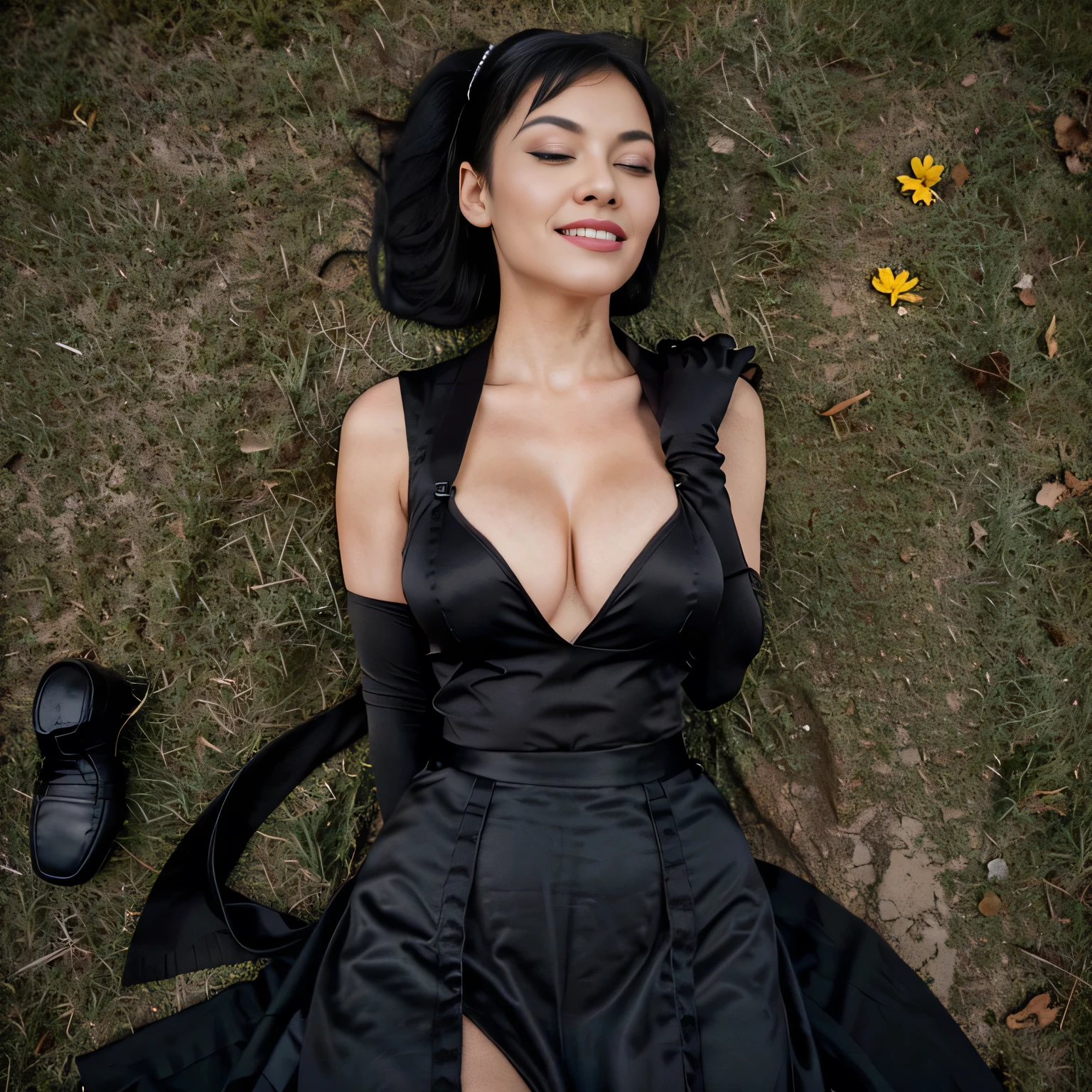 beautiful girl that looks like Bettie page, smile, updo, ponytail hair, black long maxi-skirt(black long maxi-skirt:1.2), ((long black satin gloves)),high boots, ((and a long woolen vest )), flirting with the camera, hand bag on her shoulders, eyes closed lying on the ground on the grass of central park having an orgasm with a vibrator,