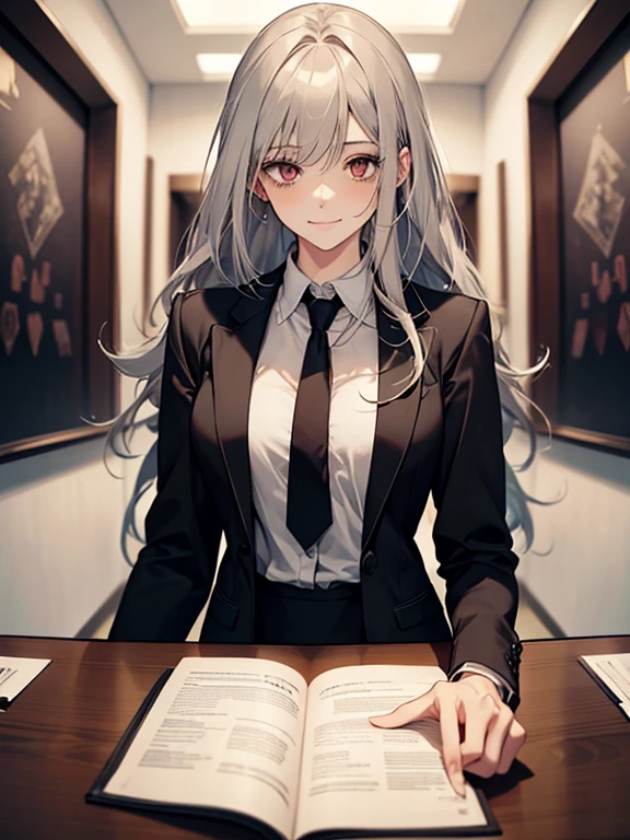(Confused, High resolution, Very detailed), 1 female, Silver Hair,Long Hair,Reddish brown eyes,business suit,Small breasts,20th Generation,Beautiful woman,A shy smile,thin,quiet,Calm,conference room