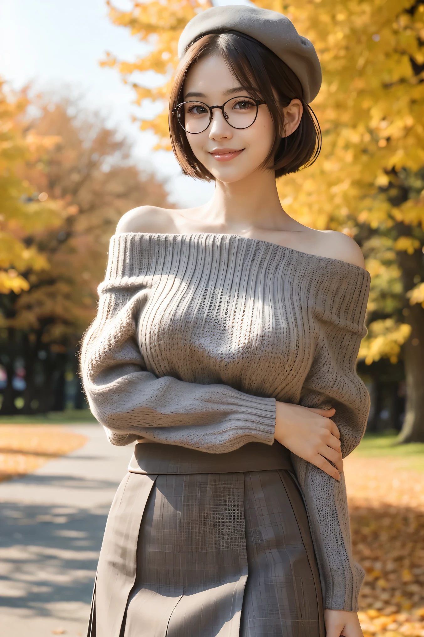 (highest quality、Tabletop、8k、Best image quality、Award-winning works)、One beautiful woman、(alone:1.1)、Perfect beautiful composition、(Accentuate your body lines:1.1)、clavicle、( Berry short cut hair:1.1)、(The perfect brown off-the-shoulder knit sweater:1.2)、(Grey Beret:1.1)、Exposed bare shoulders、(Classy and perfect round glasses:1.2)、(Large Breasts:1.3)、(Elegant checked Melton skirt:1.2)、(Classy tight skirt:1.1)、(Full body photo:1.1)、Look at me and smile、(Accurate city park background with strong blur:1.1)、(Landscape of the park in autumn:1.1)、(The autumn leaves are blurred in the background:1.1)、Standing Elegantly、Droopy eyes、Natural Makeup、Ultra-high definition beauty face、Ultra HD Hair、Ultra high resolution glowing eyes、Super high quality glossy lip、(Accurate anatomy:1.2)、(very bright and vivid:1.1)