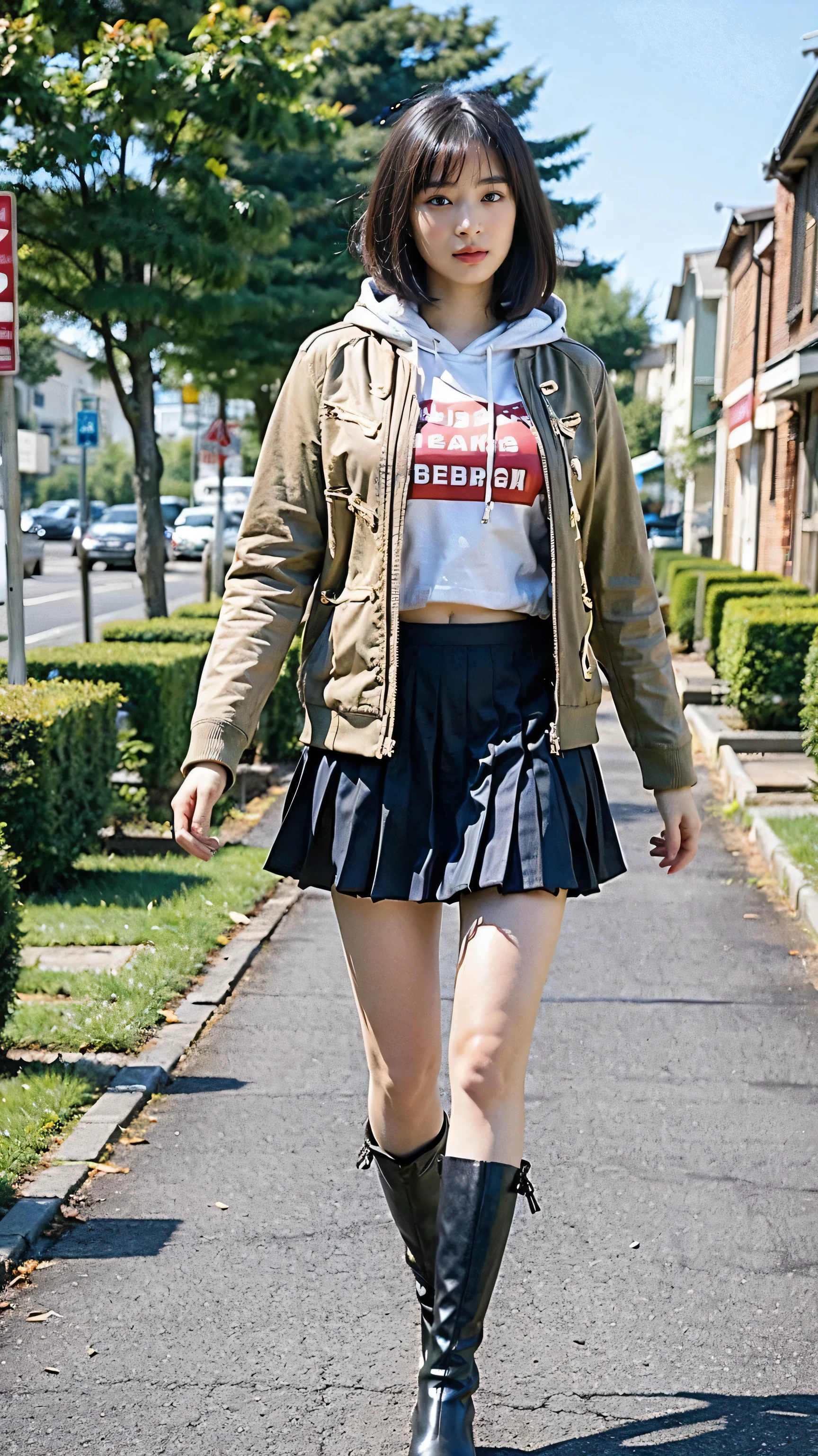 (8k、RAW Photos、highest quality、masterpiece:1.2)、(Realistic、Realistic)、1 girl、((hoodie、mini skirt、boots、Large Breasts、View from the front、Are standing))、Lots of eyelashes、Glowing eyelids、skeletally correct