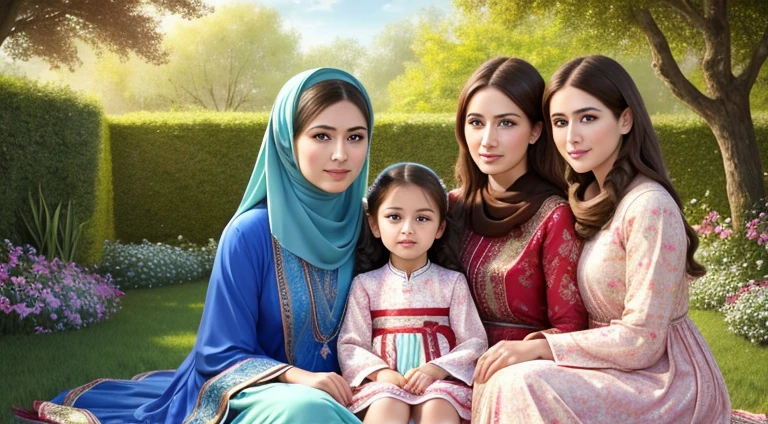 (best quality,4k,8k,highres,masterpiece:1.2),ultra-detailed,(realistic,photorealistic,photo-realistic:1.37),loving family portrait,beautiful detailed eyes,beautiful detailed lips,extremely detailed eyes and face,2girls,happy family,traditional Islamic clothing,garden background,filled with colorful flowers,soft natural light,parental love,kindness and respect,emotionally connected,peaceful atmosphere,harmonious colors