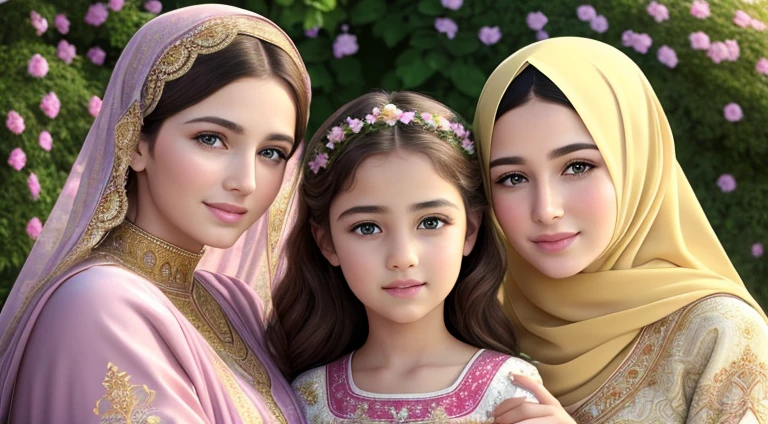 (best quality,4k,8k,highres,masterpiece:1.2),ultra-detailed,(realistic,photorealistic,photo-realistic:1.37),loving family portrait,beautiful detailed eyes,beautiful detailed lips,extremely detailed eyes and face,2girls,happy family,traditional Islamic clothing,garden background,filled with colorful flowers,soft natural light,parental love,kindness and respect,emotionally connected,peaceful atmosphere,harmonious colors