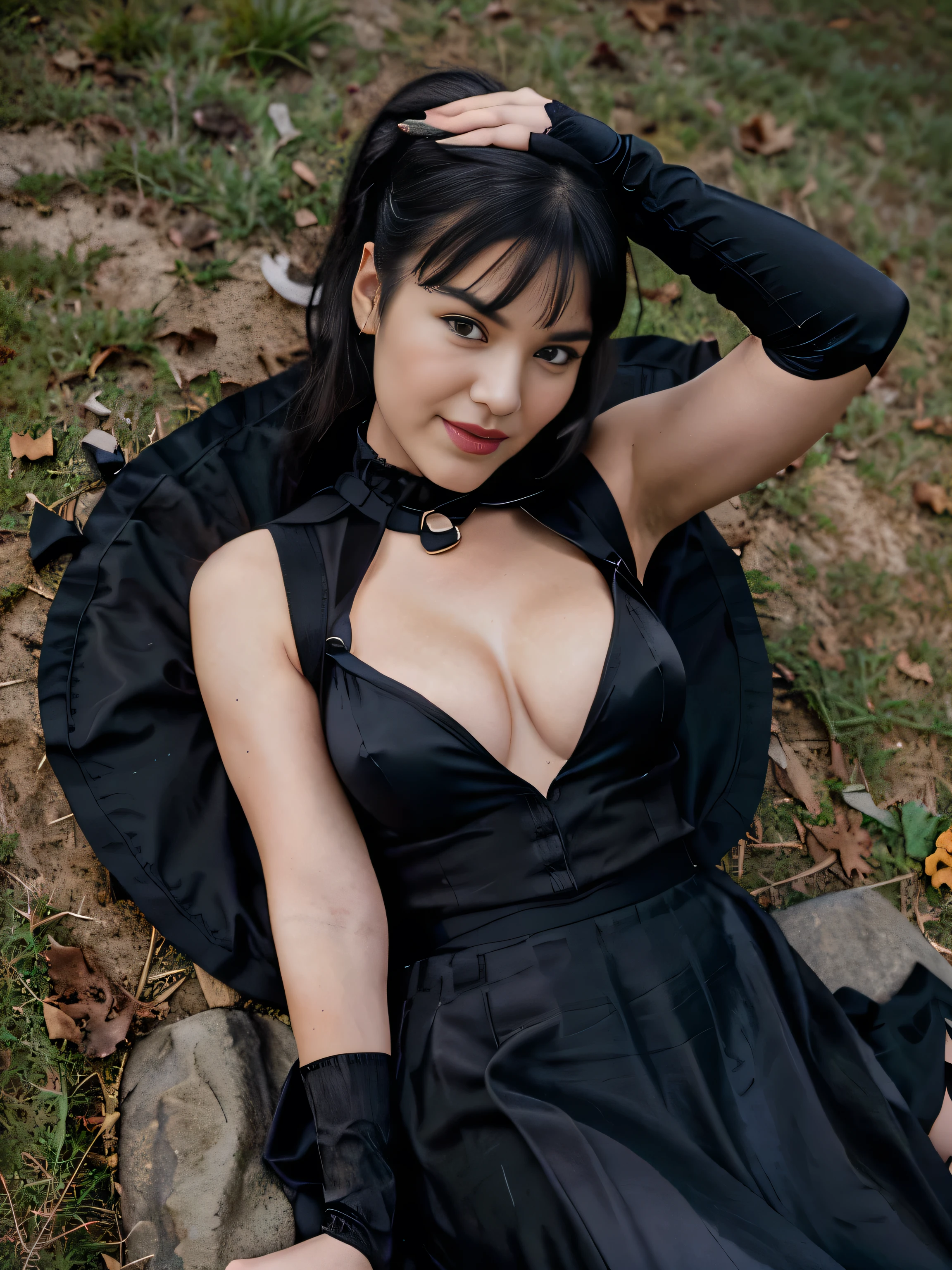 beautiful girl that looks like Bettie page, smile, updo, ponytail hair, black long maxi-skirt(black long maxi-skirt:1.2), ((long black satin gloves)),high boots, ((and a long woolen vest )), flirting with the camera, hand bag on her shoulders, lying on the ground on the grass of central park having an orgasm with a vibrator,