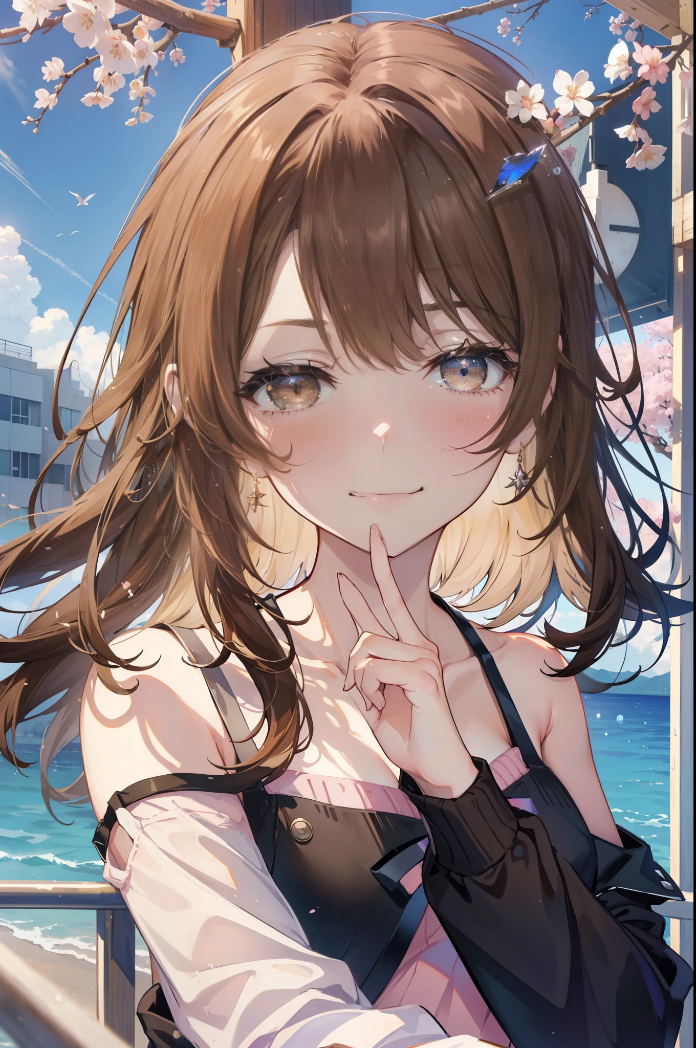 irohaisshiki, Iroha Isshiki, Long Hair, Brown Hair, (Brown eyes:1.5), happy smile, smile, Open your mouth,Put your hand over your mouth and make a peace sign,To the camera,Off-the-shoulder sweater,Exposing shoulders,bare clavicle,Bare neck,Black long skirt,black tights,short boots,Cherry blossoms are blooming,Cherry blossoms are scattered,
break indoors, Cherry blossom tree-lined path,
break looking at viewer,Upper Body,
break (masterpiece:1.2), highest quality, High resolution, unity 8k wallpaper, (shape:0.8), (Beautiful and beautiful eyes:1.6), Highly detailed face, Perfect lighting, Highly detailed CG, (Perfect hands, Perfect Anatomy),