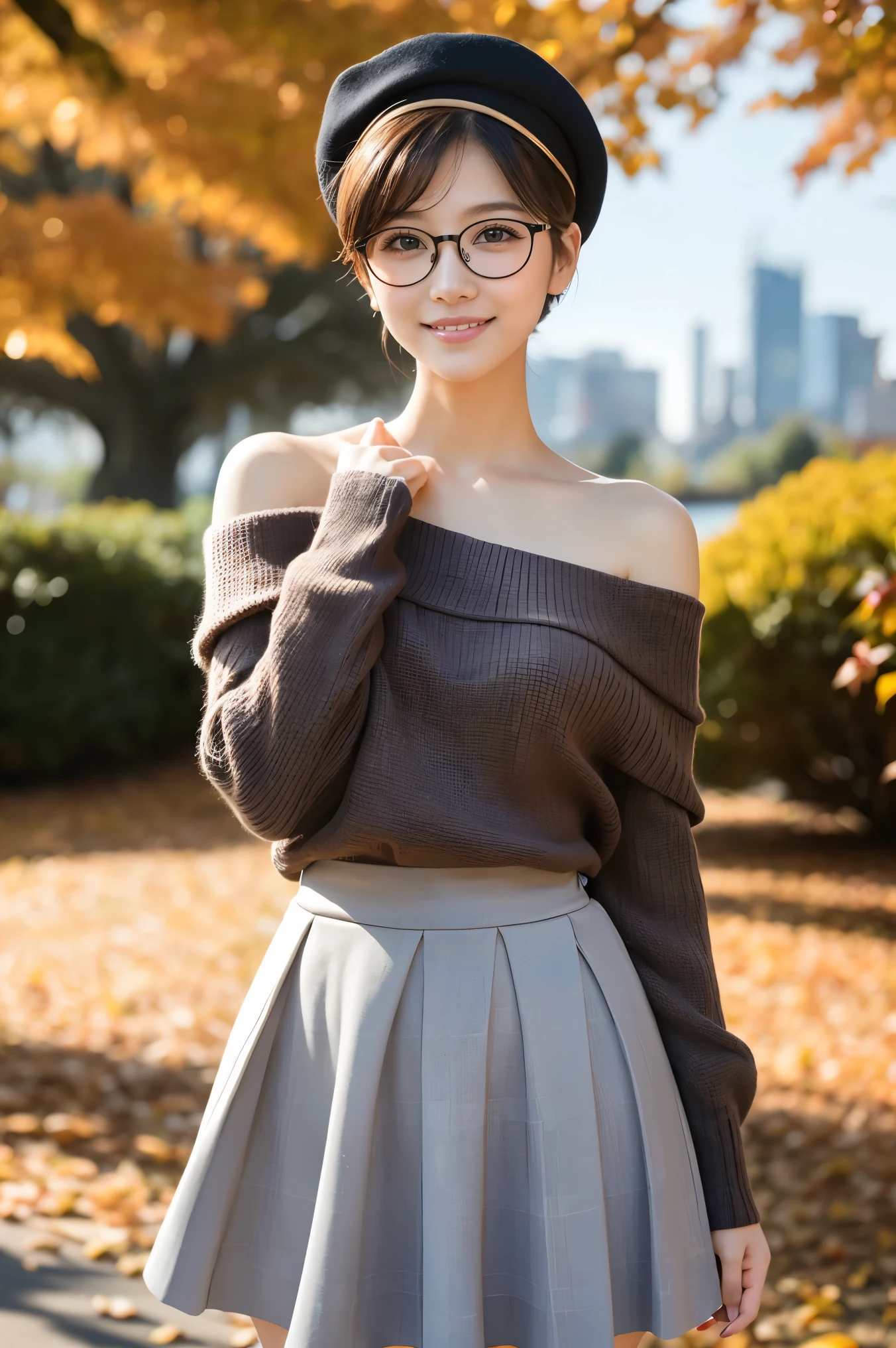 (highest quality、Tabletop、8k、Best image quality、Award-winning works)、One beautiful woman、(alone:1.1)、Perfect beautiful composition、(Accentuate your body lines:1.1)、clavicle、( Berry short cut hair:1.1)、(The perfect brown off-the-shoulder knit sweater:1.2)、(Grey Beret:1.1)、Exposed bare shoulders、(Classy and perfect round glasses:1.2)、(Large Breasts:1.3)、(Elegant checked Melton skirt:1.2)、(Classy tight skirt:1.1)、(Full body photo:1.1)、Look at me and smile、(Accurate city park background with strong blur:1.1)、(Landscape of the park in autumn:1.1)、(The autumn leaves are blurred in the background:1.1)、Standing Elegantly、Droopy eyes、Natural Makeup、Ultra-high definition beauty face、Ultra HD Hair、Ultra high resolution glowing eyes、Super high quality glossy lip、(Accurate anatomy:1.2)、(very bright and vivid:1.1)