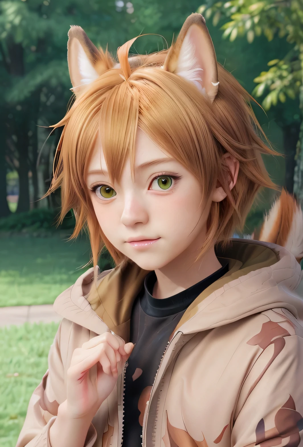anime boy with golden brown hair and ears in a park, with green eyes, orange - haired anime boy, key anime art, rin, kawaii realistic portrait, anime boy with squrrel ears, detailed anime character art, anime style portrait, realistic anime artstyle, beautiful anime boysquirrel, anime character portrait, painted in anime painter studio, made with anime painter studio, smooth anime cg art,