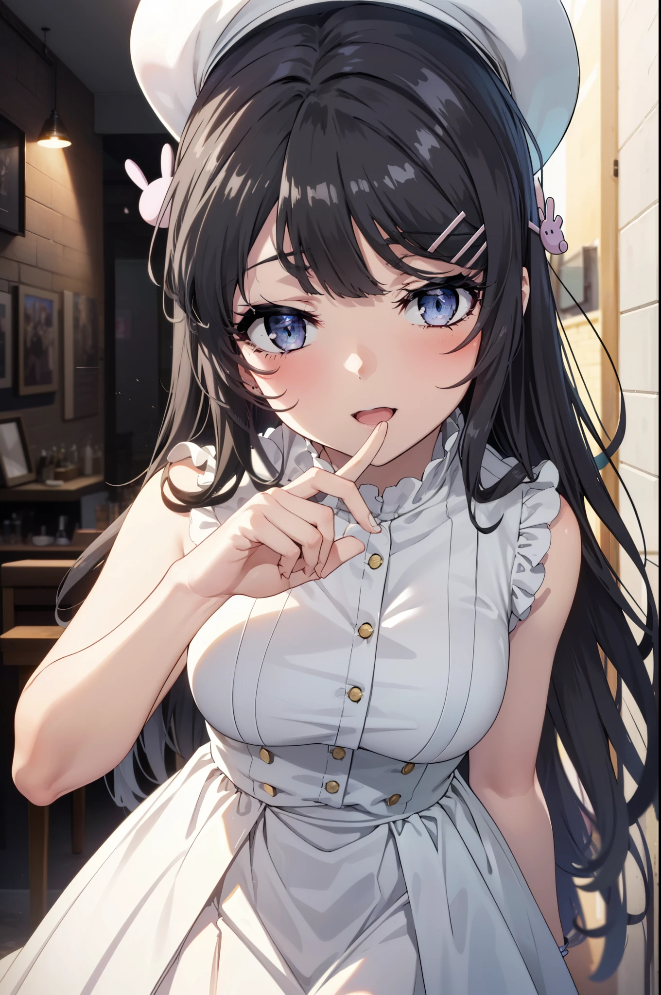 maisakurajima, Mai Sakurajima, Long Hair, bangs, (Black Hair:1.5), hair ornaments, (Purple eyes:1.1), Hair Clip, rabbit hair ornaments,time　Daytime,sunny,Light of the sun,
happy smile, smile, Open your mouth,blush,White hat,Sleeveless dress,Long skirt,Cute heeled sandals,Clear skies,Daytime　　　　　　　　　　　　break looking at viewer, (Cowboy Shot:1. 5) ,　　　　　　　　　　　　　　　　　　　　break indoors, Building district,In town, break (masterpiece:1.2), highest quality, High resolution, unity 8k wallpaper, (shape:0.8), (Beautiful and beautiful eyes:1.6), Highly detailed face, Perfect lighting, Highly detailed CG, (Perfect hands, Perfect Anatomy),