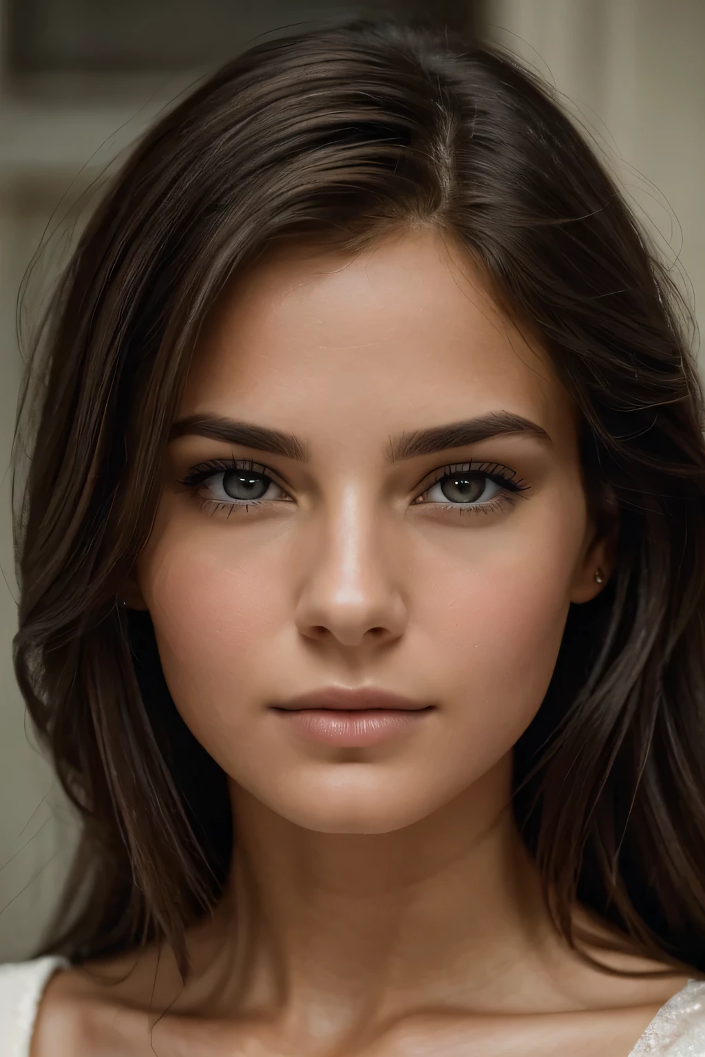 In this portrait, we see a beautiful close-up of a brunette. Her facial features are captured in high detail, emphasising her unique beauty. The image is of high quality, capturing the texture of the skin and the facial expression of the subject. The overall mood of the image is one of elegance and attractiveness, realistically and stunningly conveying the beauty and personality of the subject. The subject's hair is styled back and she is looking directly into the camera, giving the portrait an air of sophistication.