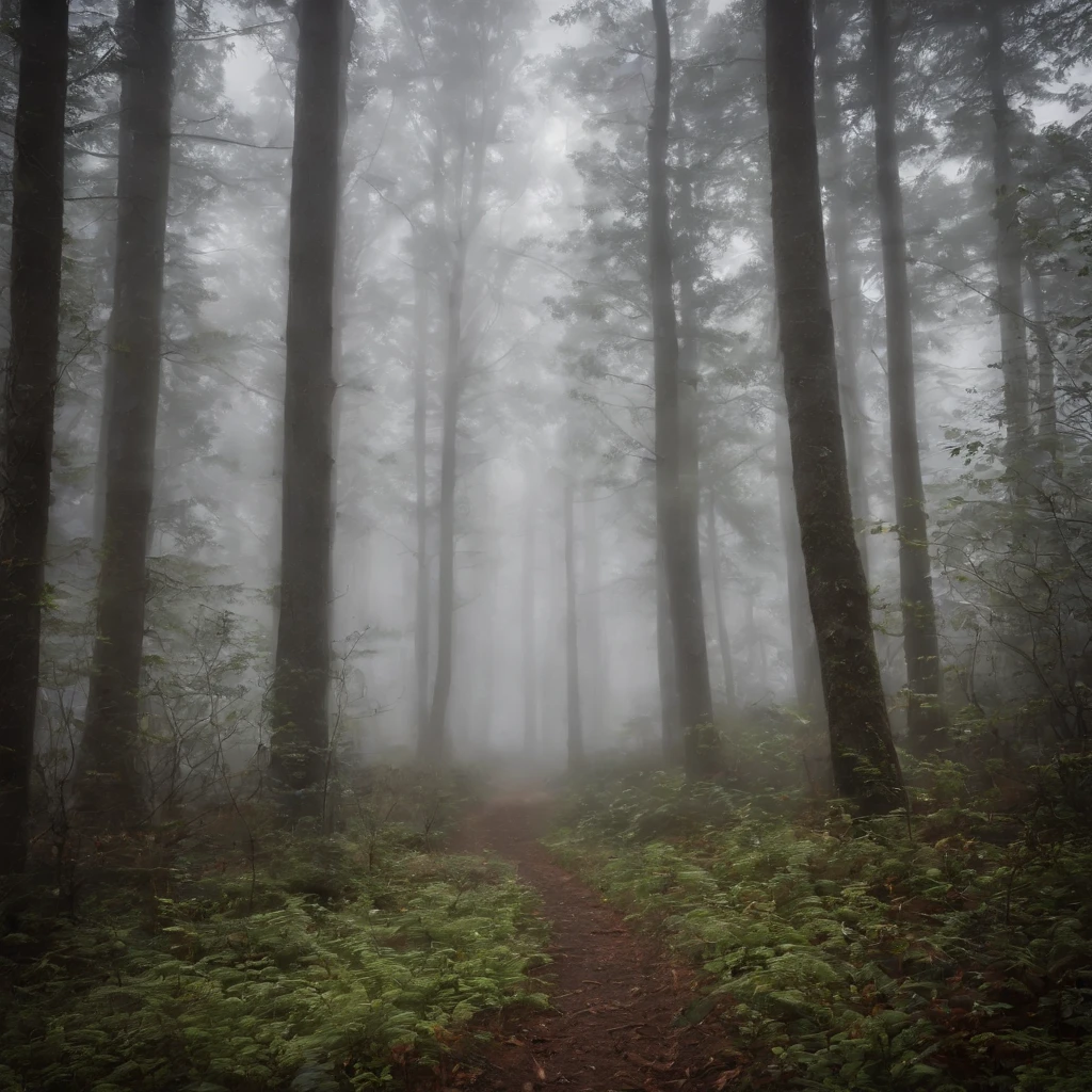a ghostly fog in the middle of a forest