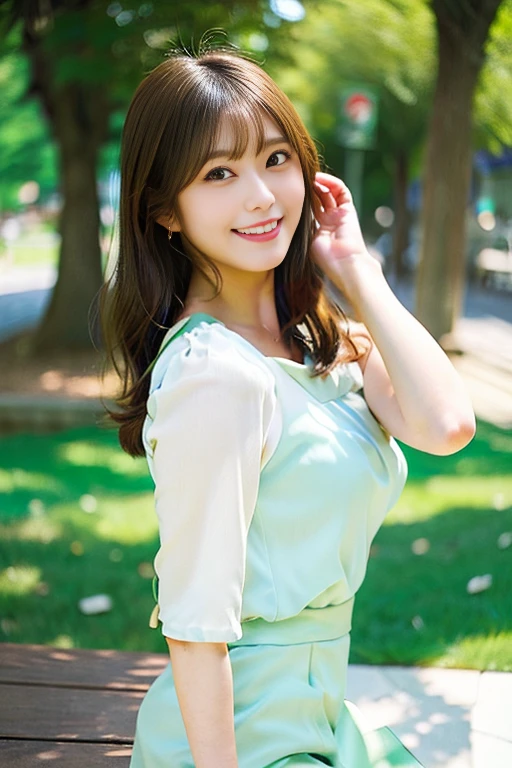 Realistic photo quality、Close-up of a woman sitting on a bench and smiling, A Japanese woman wearing a summery white blouse、Pastel green miniskirt、Look towards the camera、Slightly large breasts、Cleavage、A neat and clean woman、Cute Smile、Realistic young gravure idol, Girl cute beautiful face, Beautiful Japanese girl face, Japanese Model, looking at the camera、The background is blurred grass and trees、Sitting on a bench