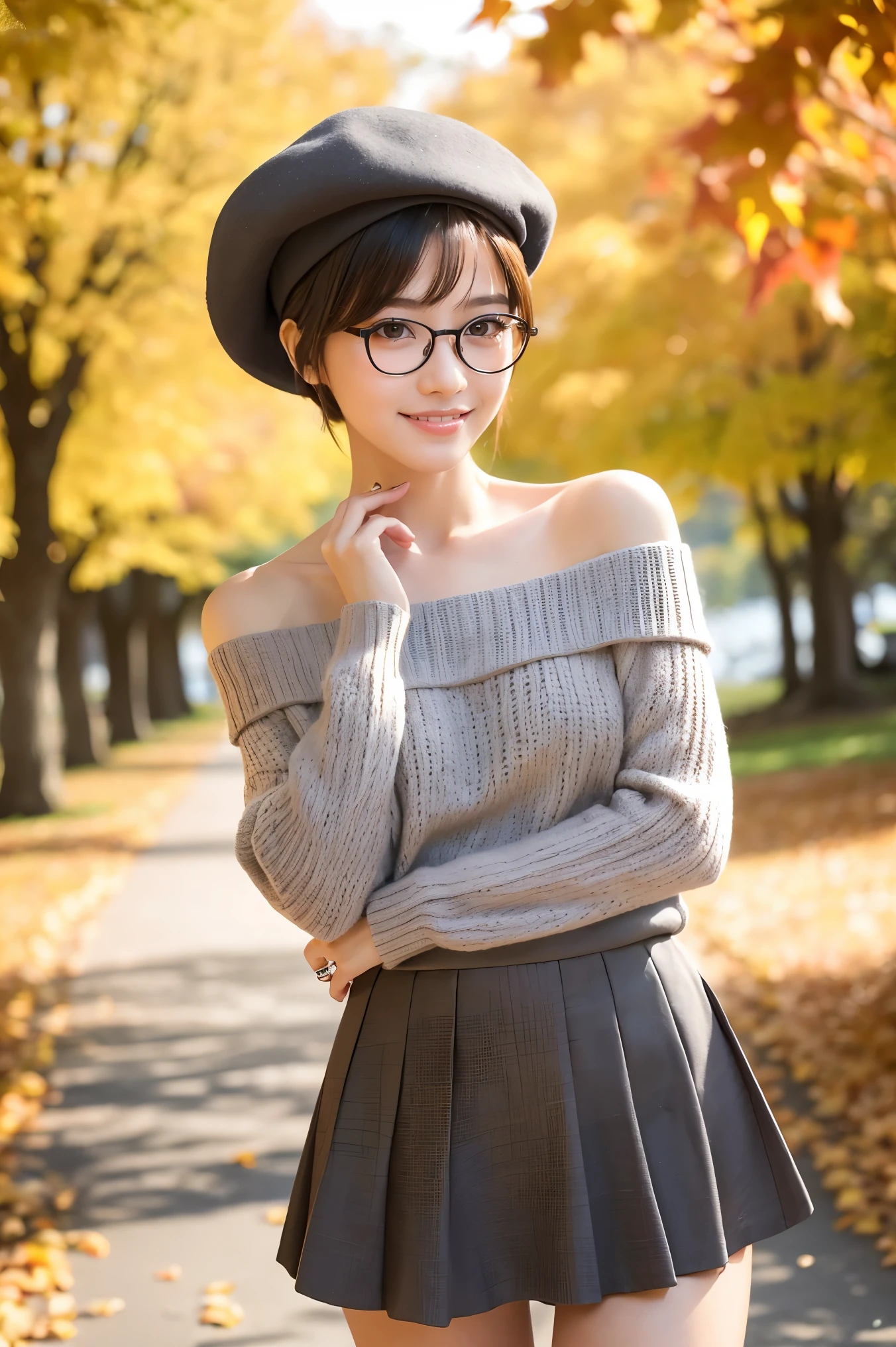 (highest quality、Tabletop、8k、Best image quality、Award-winning works)、One beautiful woman、(alone:1.1)、Perfect beautiful composition、(Accentuate your body lines:1.1)、clavicle、( Berry short cut hair:1.1)、(The perfect brown off-the-shoulder knit sweater:1.2)、(Grey Beret:1.1)、Exposed bare shoulders、(Classy and perfect round glasses:1.2)、(Large Breasts:1.1)、(Elegant checked Melton skirt:1.2)、(Classy tight skirt:1.1)、(Full body photo:1.1)、Look at me and smile、(Accurate city park background with strong blur:1.1)、(Landscape of the park in autumn:1.1)、(The autumn leaves are blurred in the background:1.1)、Standing Elegantly、Droopy eyes、Natural Makeup、Ultra-high definition beauty face、Ultra HD Hair、Ultra high resolution glowing eyes、Super high quality glossy lip、(Accurate anatomy:1.2)、(very bright and vivid:1.1)