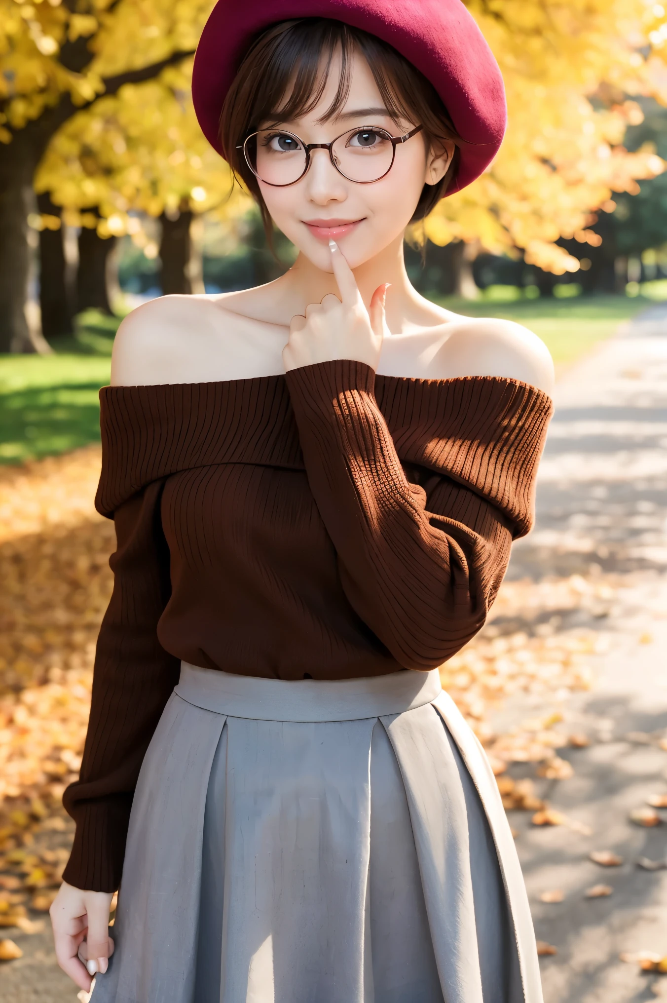 (highest quality、Tabletop、8k、Best image quality、Award-winning works)、One beautiful woman、(alone:1.1)、Perfect beautiful composition、(Accentuate your body lines:1.1)、clavicle、( Berry short cut hair:1.1)、(The perfect brown off-the-shoulder knit sweater:1.2)、(Grey Beret:1.1)、Exposed bare shoulders、(Classy and perfect round glasses:1.2)、(Large Breasts:1.1)、(Elegant checked Melton skirt:1.2)、(Classy tight skirt:1.1)、(Full body photo:1.1)、Look at me and smile、(Accurate city park background with strong blur:1.1)、(Landscape of the park in autumn:1.1)、(The autumn leaves are blurred in the background:1.1)、Standing Elegantly、Droopy eyes、Natural Makeup、Ultra-high definition beauty face、Ultra HD Hair、Ultra high resolution glowing eyes、Super high quality glossy lip、(Accurate anatomy:1.2)、(very bright and vivid:1.1)