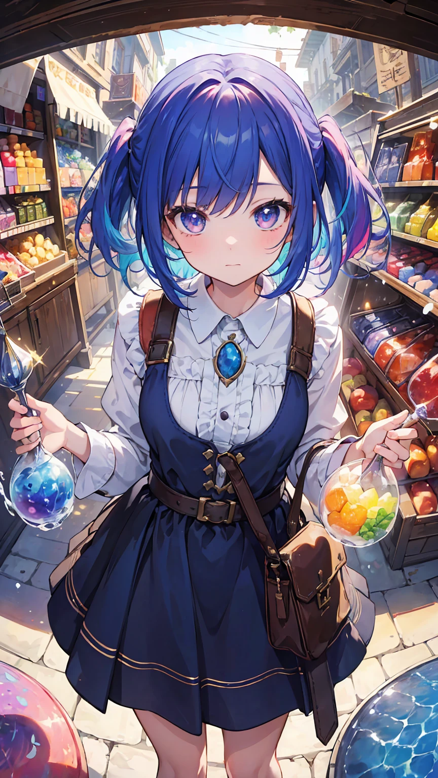 (masterpiece, best quality), (colorful:1.4), from above, solo, 1girl standing in a mystical marketplace filled with vendors selling potions and spellbooks, with wisps of magic weaving through the air and a bag of enchanted ingredients, depth of field, fisheye lens
