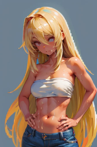 (best quality, masterpiece), (pixel art), tan skinned anime woman wearing a bandeau and jeans, famished in hunger, (gently resting hands on stomach), (sweating), (long hair), (hands on stomach)