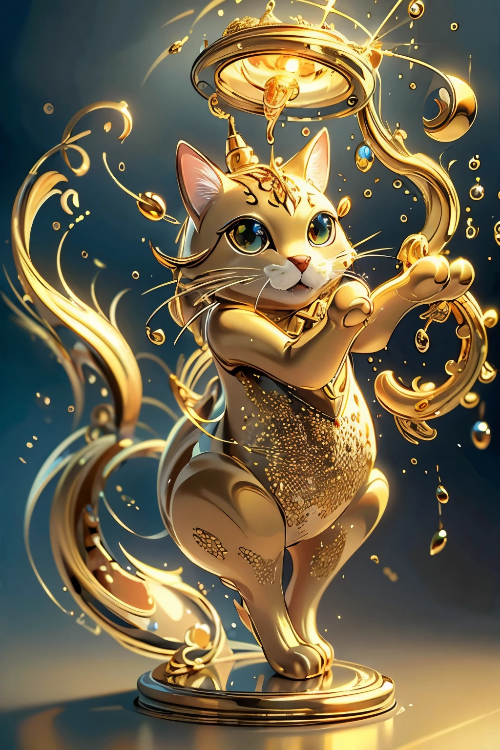 Golden Cat、The background is golden、A shining golden world、(((masterpiece))), (highest quality), (Super detailed), (very_expensive_solve), (big_file size), (Full Color)、Golden light particles scattered