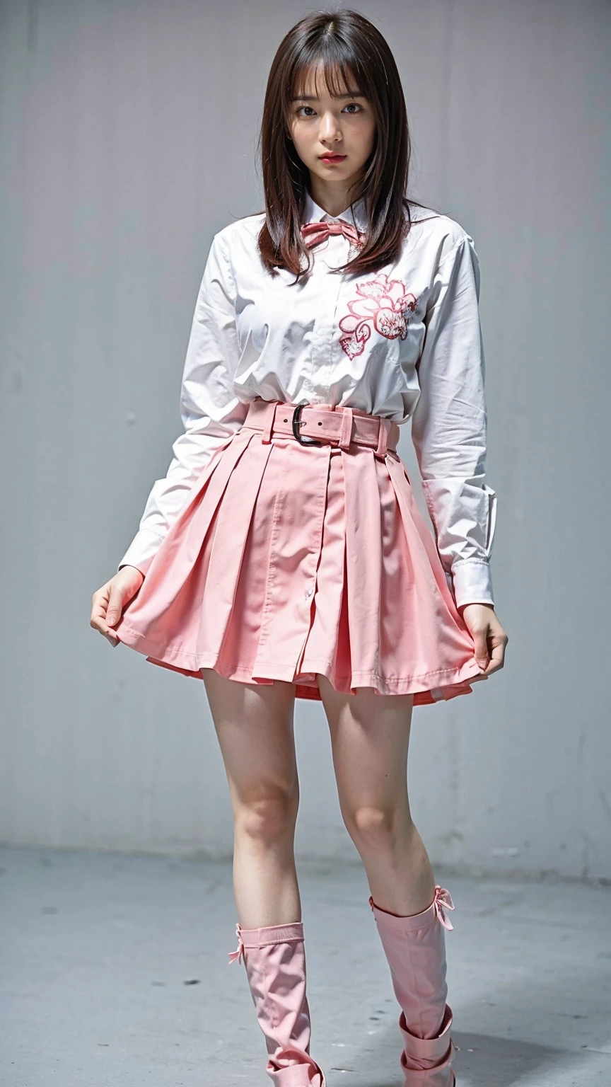 (8k、RAW Photos、highest quality、masterpiece:1.2)、(Realistic、Realistic)、1 girl、((Pink Hair、Long Hair、Pink Dress、See-through、Cute Costumes、belt、mini skirt、boots、Large Breasts、View from the front、Are standing))、Lots of eyelashes、Glowing eyelids、skeletally correct