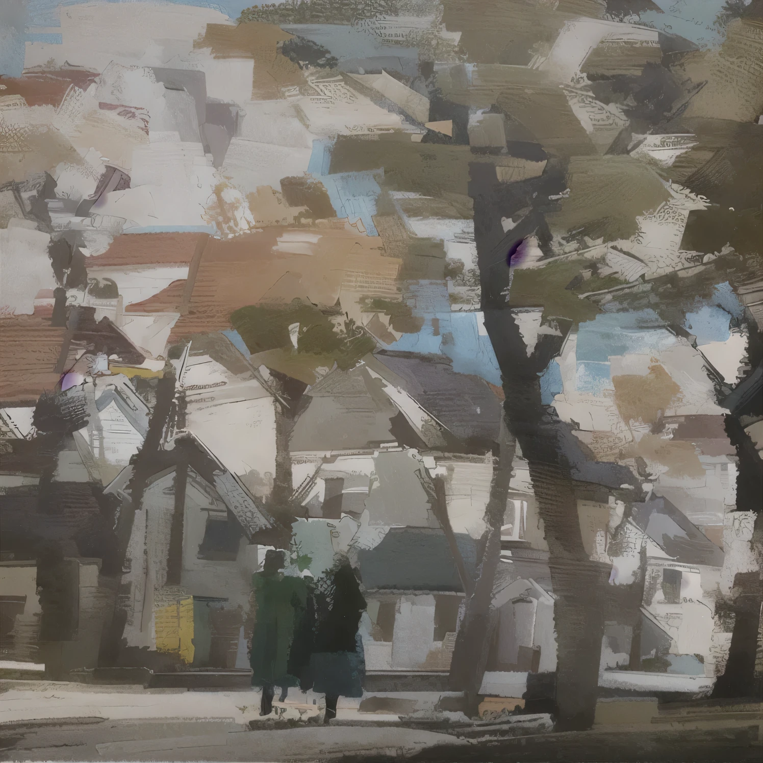 painting of a row of houses in a park There are trees, Trees in the background, Inspired by George Hendrik Breitner, Inspired by Gerard Soest, There are trees, Inspired by Wu Guanzhong, Inspired by Basil Blackshaw, inspired by Stanley Spencer, Inspired by Claes Corneliszoon Moeyaert, Trees in the background