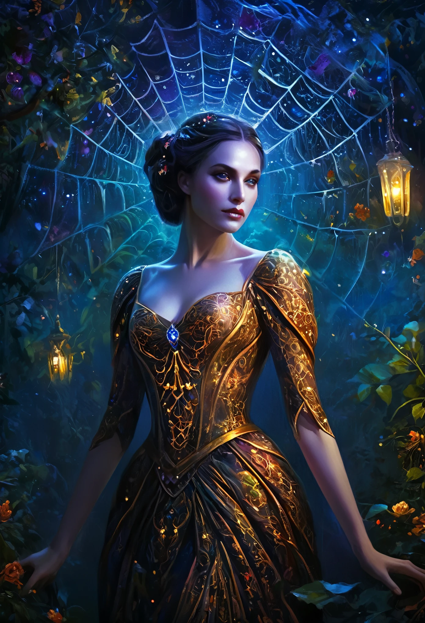 A spider lady incarnation of a noblewoman in a beautiful night dress, (best quality, highres, ultra-detailed), (portrait, fantasy), vibrant colors, ethereal lighting, detailed lace patterns, graceful posture, intricate spider web motifs, delicate silk fabric, mysterious atmosphere, nigh time garden ambiance.