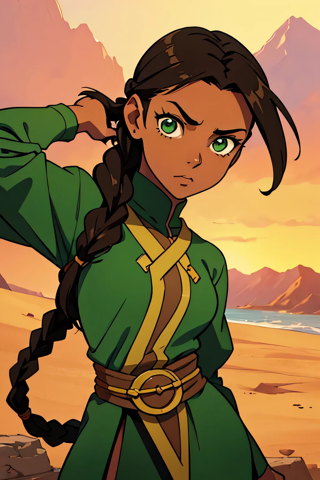 Earthbender human woman with tanned skin. She is a -yeld teger with green eyes and green clothing. Her hair is long and brown in color; it is fastened in a large braid. Just one braid. She is beautiful and her skin is dark in color. Her skin is slightly dark. Earthbender. Tsundere face.
