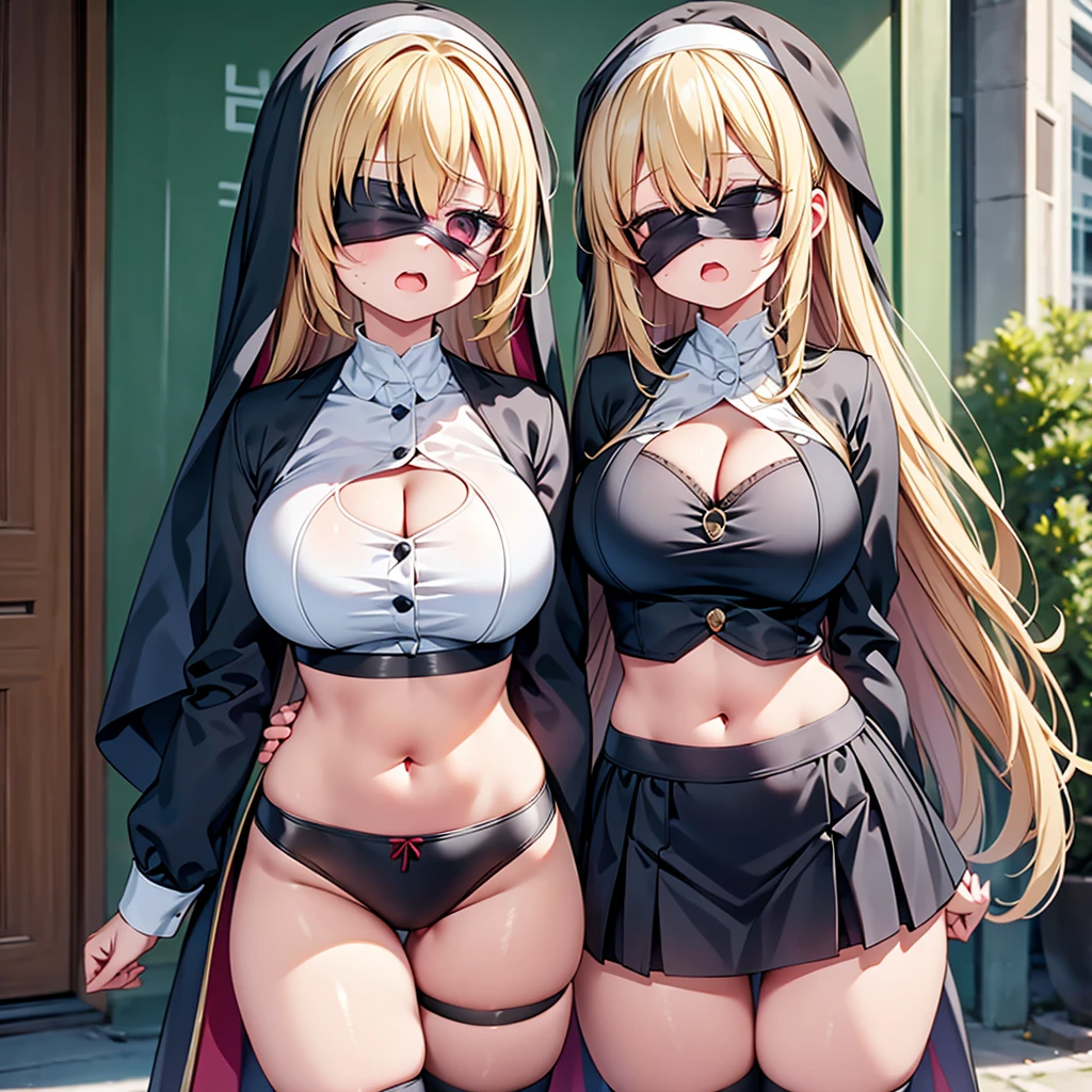 highest quality,wonderful,finely,extremely detailed CG Unity 8K wallpaper, (girl, very long hair, blonde, clothed), (nun :1.2), (huge breasts), (cleavage cutout:1.4), (crop top navel:1.4), (open mouth:1.1), (long tongue:1.1), (mouth drool:1.1), (black stockings:1.1),(Thighs:1.2),(Waistline:1.2),(black blindfold, blindfold:1.5)