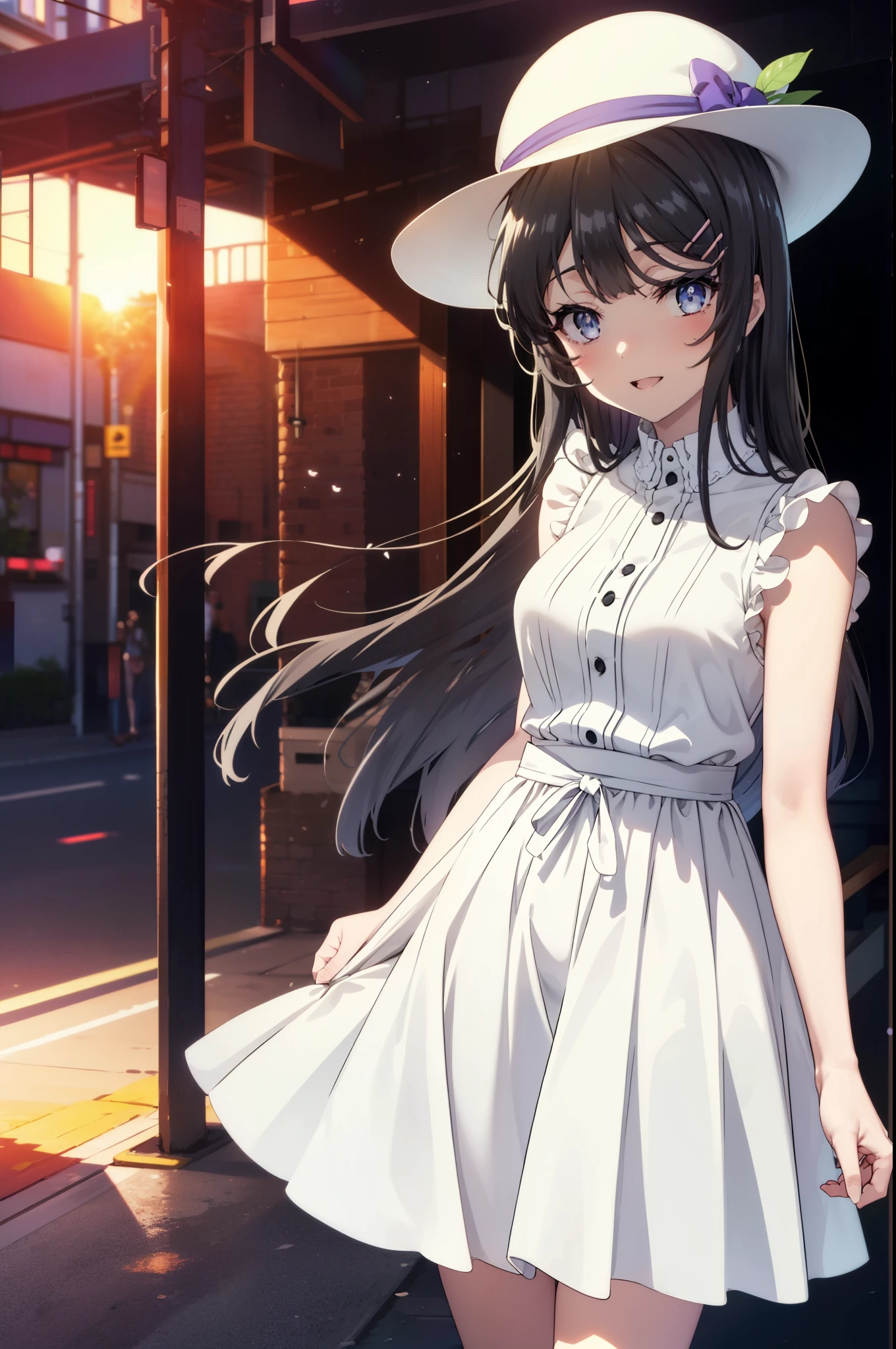 maisakurajima, Mai Sakurajima, Long Hair, bangs, (Black Hair:1.5), hair ornaments, (Purple eyes:1.1), Hair Clip, rabbit hair ornaments,time Daytime,sunny,Light of the sun,
happy smile, smile, Open your mouth,blush,White hat,Sleeveless dress,Long skirt,Cute heeled sandals,Clear skies,Daytime break looking at viewer,whole body, (Cowboy Shot:1. 5) , break indoors, Building district,In town, break (masterpiece:1.2), highest quality, High resolution, unity 8k wallpaper, (shape:0.8), (Beautiful and beautiful eyes:1.6), Highly detailed face, Perfect lighting, Highly detailed CG, (Perfect hands, Perfect Anatomy),