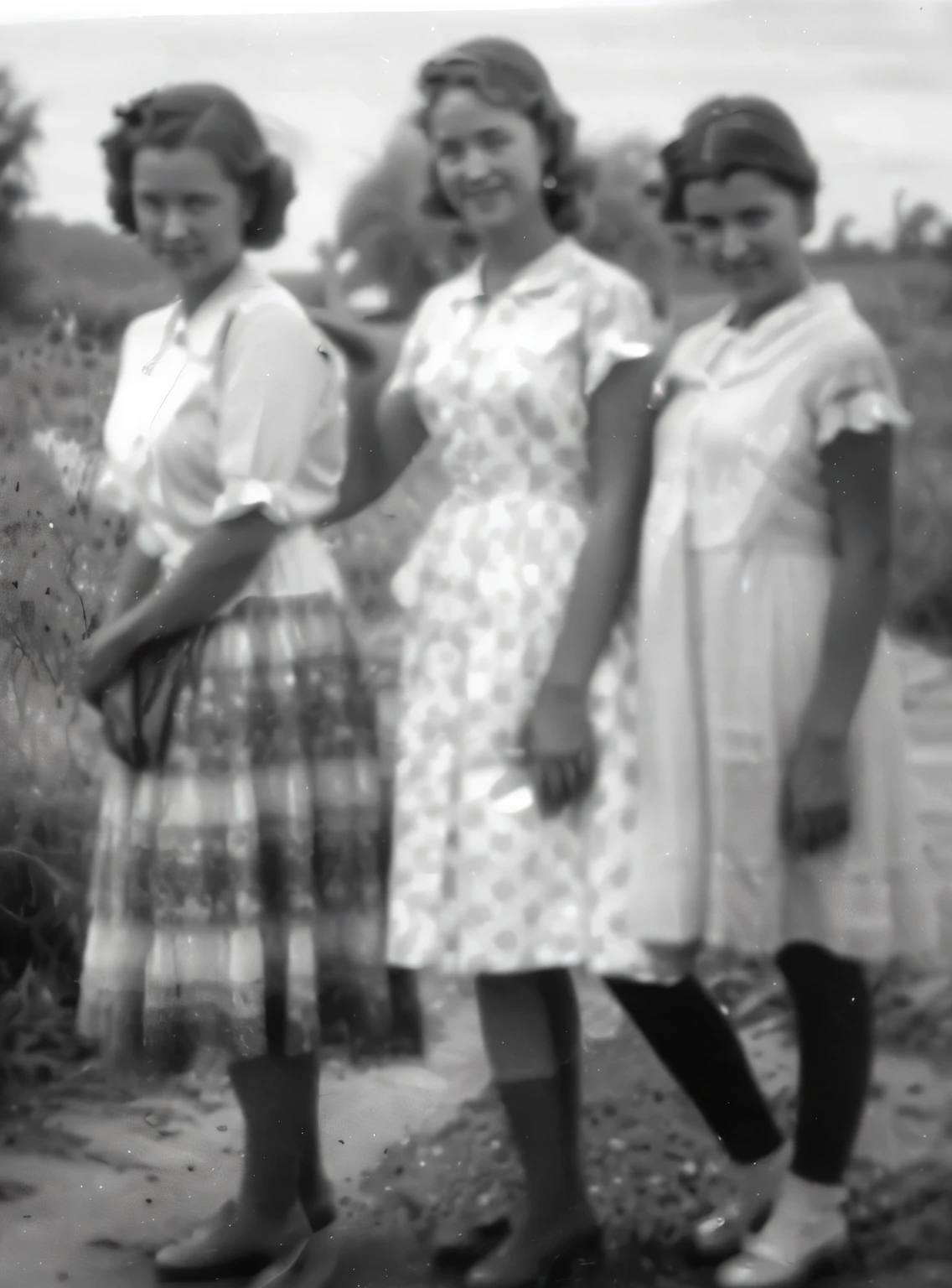 three women in dresses standing next to each other on a dirt road, grainy image, very grainy image, 1940s photo, historical picture, historical image, 1950s photograph, grainy, unknown location, grainy vintage, photo 1960, historical photo, very grainy, 1950, 1 9 5 0