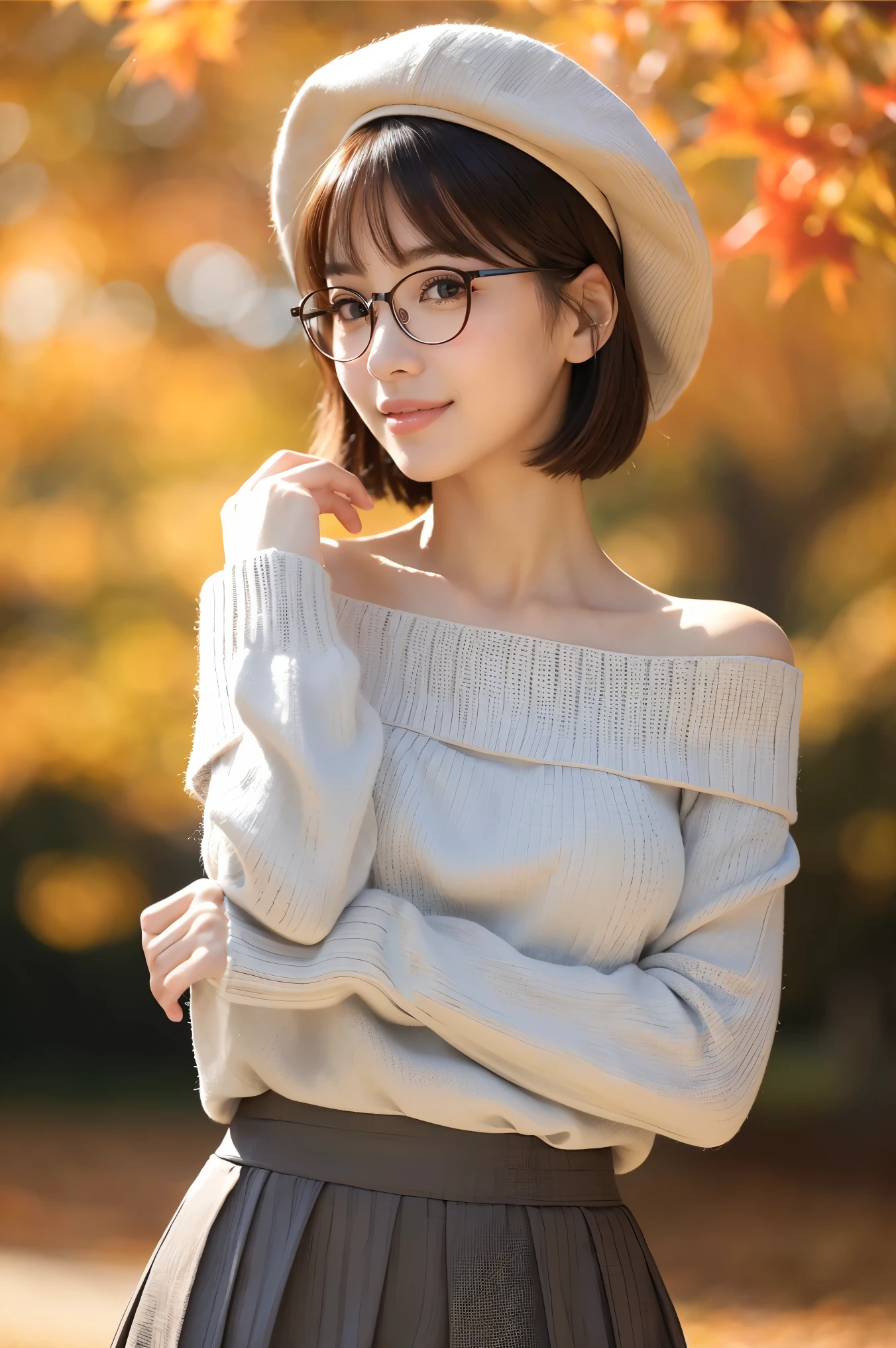 (highest quality、Tabletop、8k、Best image quality、Award-winning works)、One beautiful woman、(alone:1.1)、Perfect beautiful composition、(Accentuate your body lines:1.1)、clavicle、( Berry short cut hair:1.1)、(The perfect brown off-the-shoulder knit sweater:1.2)、(Grey Beret:1.1)、(Bare arms:1.2)、Exposed bare shoulders、(Classy and perfect round glasses:1.2)、(Huge breasts that are too big:1.4)、(Elegant Checked Melton Skirt:1.2)、(An elegant tight skirt with no creases:1.1)、(Full body photo:1.1)、Look at me and smile、(Accurate city park background with strong blur:1.1)、(Landscape of the park in autumn:1.1)、(The autumn leaves are blurred in the background:1.1)、Standing Elegantly、Droopy eyes、Natural Makeup、Ultra-high definition beauty face、Ultra HD Hair、Ultra high resolution glowing eyes、Super high quality glossy lip、(Accurate anatomy:1.1)、(very bright and vivid:1.1)