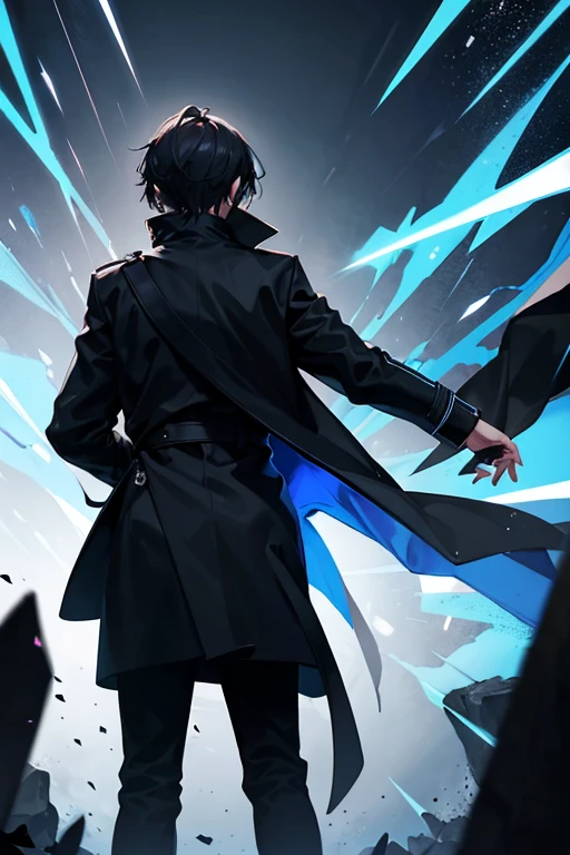 back of a black trench coat with a blue outline on a male big add a skull and crossbones on the back