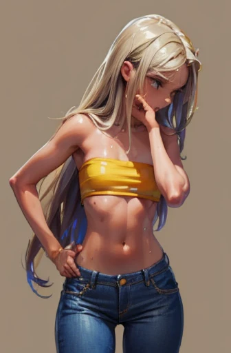 (top quality, masterpiece), (pixel art), tan skinned woman wearing a bandeau and jeans, famished in hunger, (gently resting hands on stomach), (sweating), (long hair), (hands on stomach)