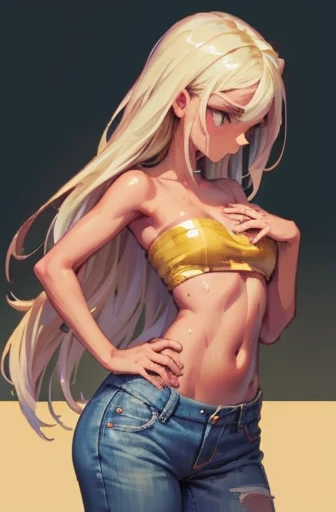 (top quality, masterpiece), (pixel art), tan skinned woman wearing a bandeau and jeans, famished in hunger, (gently resting hands on stomach), (sweating), (long hair), (hands on stomach)