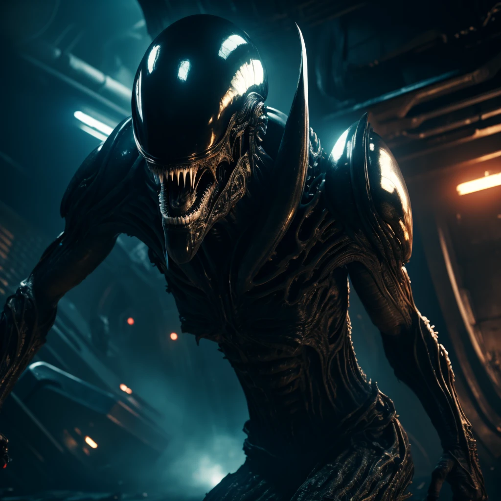 A cruel alien look awful, drooling, attack people in spaceship, dim light, uhd, insane action, brutal, sci-fi cinematic 