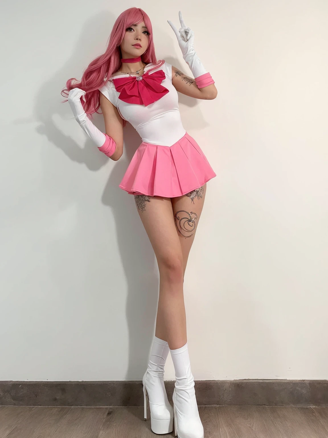 hay una mujer vestida de rosa y blanco posando para una foto, inspired por marinero luna, cosplay, anime cosplay, chica anime cosplay, cosplay publicitario, por marinero luna, Marinero de la luna style, cosplay glamoroso, foto de cosplay, Marinero de la luna!!!!!!!!, Gesto de pose de pudica sexy, cosplayer, personaje animado; Arte de cuerpo completo, inspirado en anime, cuerpo completo con disfraz