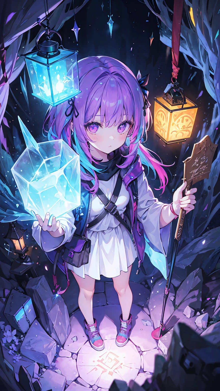 (masterpiece, best quality), (colorful:1.4), from above, solo, 1girl standing at the entrance of a mystical cave guarded by ancient runes, with a bag of glowing crystals and a lantern that illuminates hidden paths, depth of field, fisheye lens
