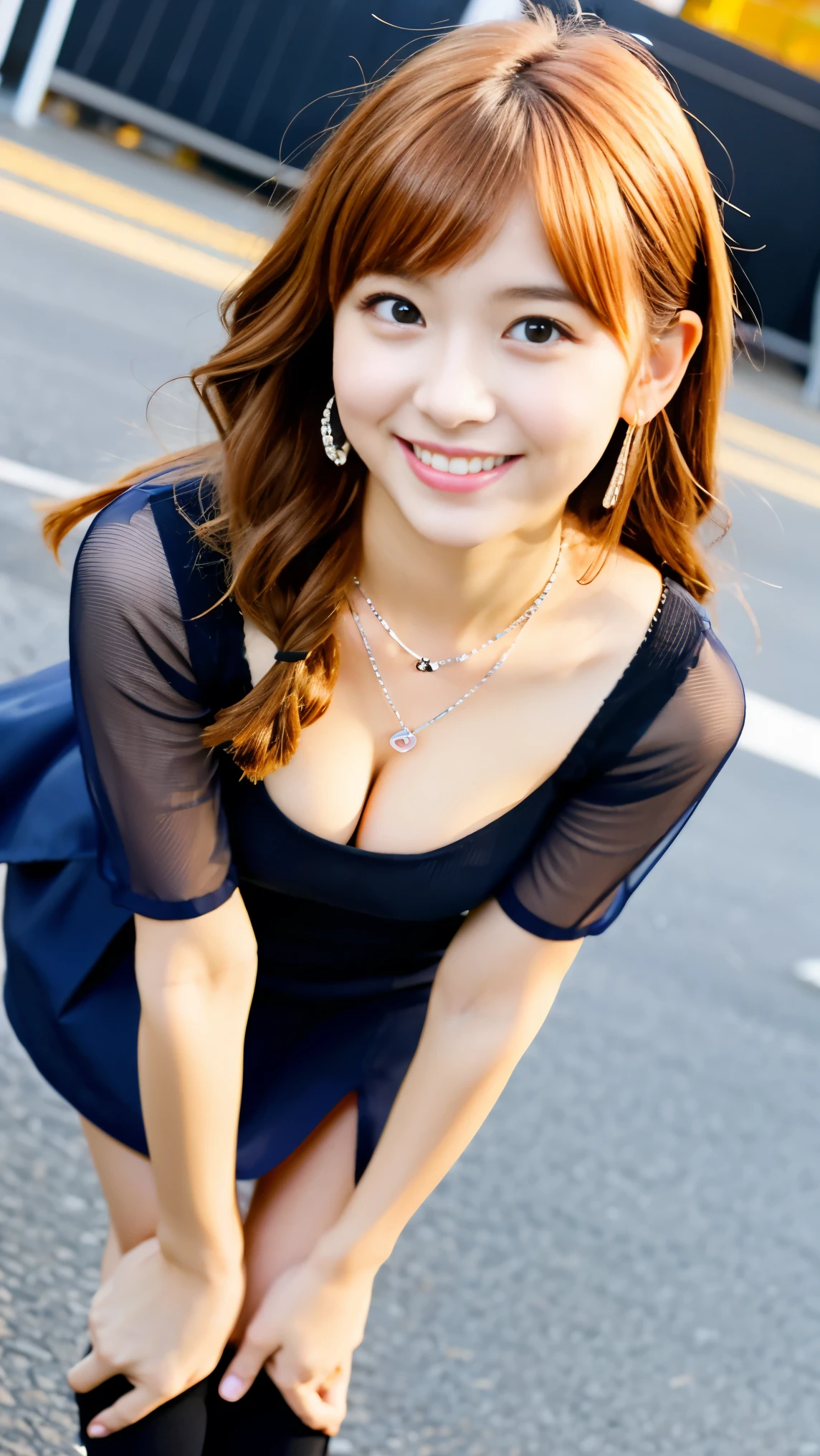 （Best image quality、highest quality、Highest Resolution、masterpiece、detailed、Actual photo）、blonde、Looking at the camera、Beautiful and cute smile、((Full Body Shot))、((Low Angle))、Skirt flip、earrings、necklace、ring、Navel piercing、(Quite small)、(Quite lean body)、Kyary Pamyu Pamyu costume、The Girl&#39;Face、((Pink bag with stuffed toys:1.2))、((The location is downtown at night、In the crowd:1.3))