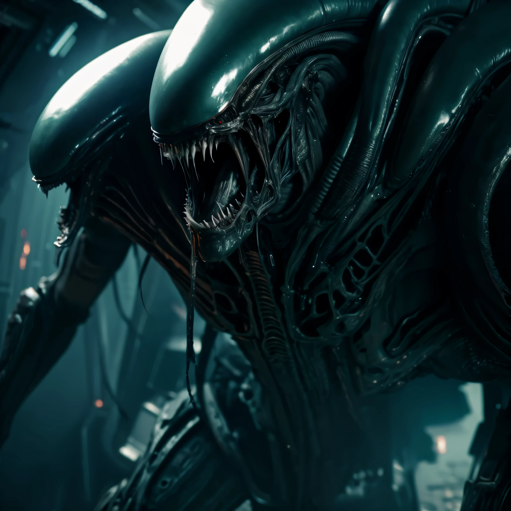 A cruel alien look awful, drooling, attack people in spaceship, dim light, uhd, insane action, brutal, sci-fi cinematic 