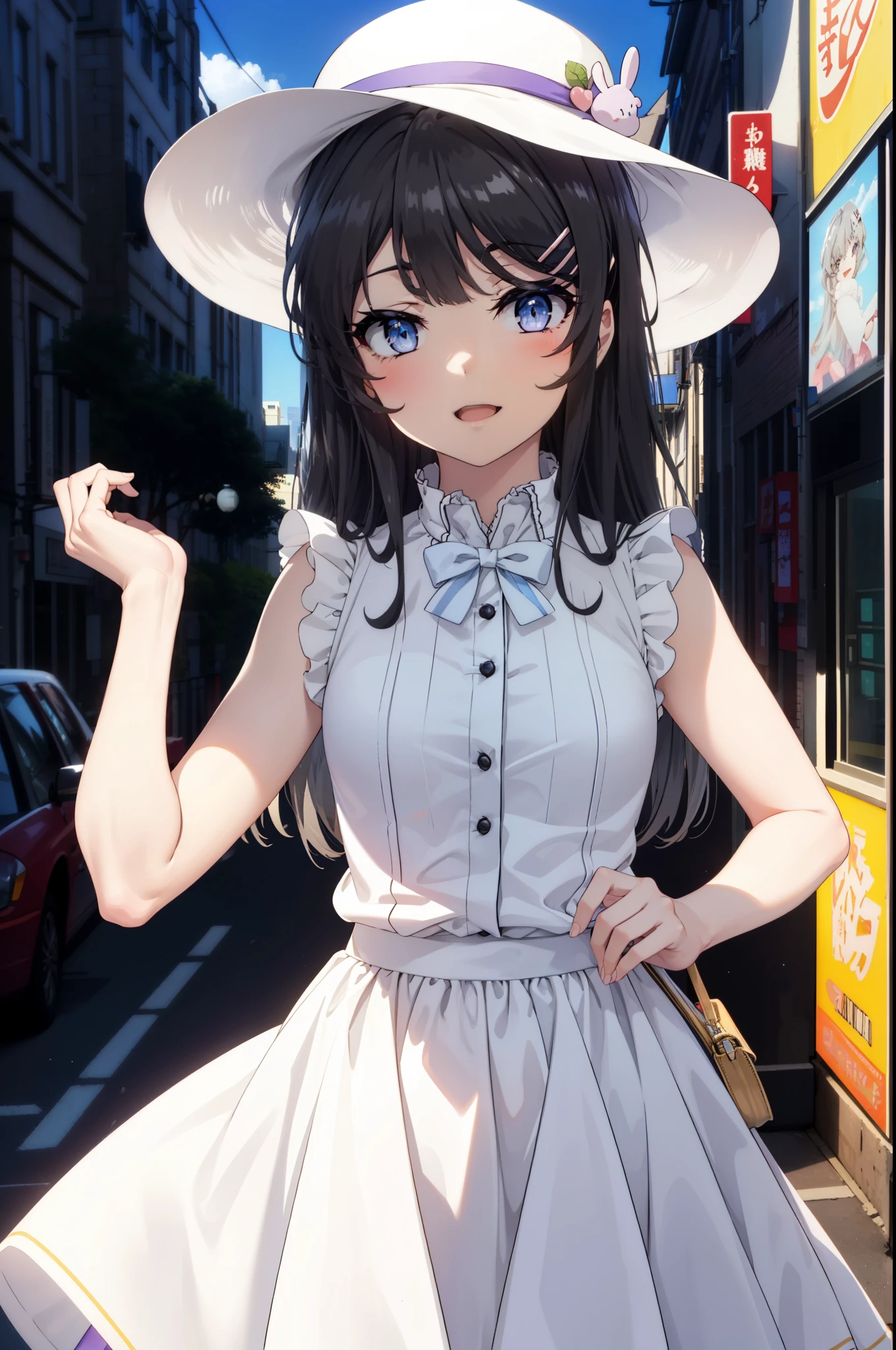 maisakurajima, Mai Sakurajima, Long Hair, bangs, (Black Hair:1.5), hair ornaments, (Purple eyes:1.1), Hair Clip, rabbit hair ornaments,time　Daytime,sunny,Light of the sun,White hat,
happy smile, smile, Open your mouth,blush,Sleeveless dress,Long skirt,Cute heeled sandals,Clear skies,Daytime　　　　　　　　　　　　break looking at viewer,whole body, (Cowboy Shot:1. 5) ,　　　　　　　　　　　　　　　　　　　　break outdoors, Building district,In town, break (masterpiece:1.2), highest quality, High resolution, unity 8k wallpaper, (shape:0.8), (Beautiful and beautiful eyes:1.6), Highly detailed face, Perfect lighting, Highly detailed CG, (Perfect hands, Perfect Anatomy),