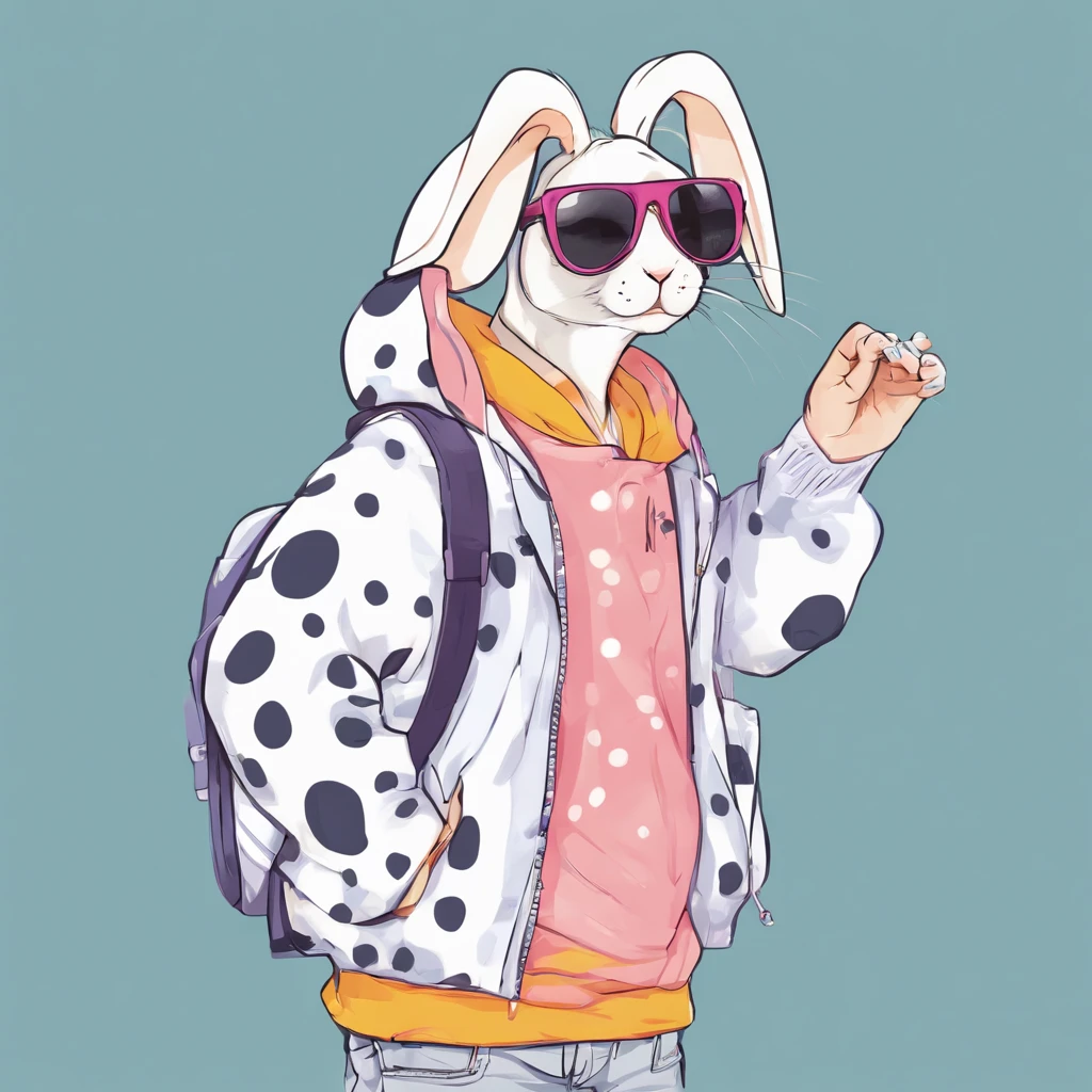 cool, cute, rabbit, large black and white spots, wearing a hoodie, sun shades, cool guy look, plain background, comic dot shading