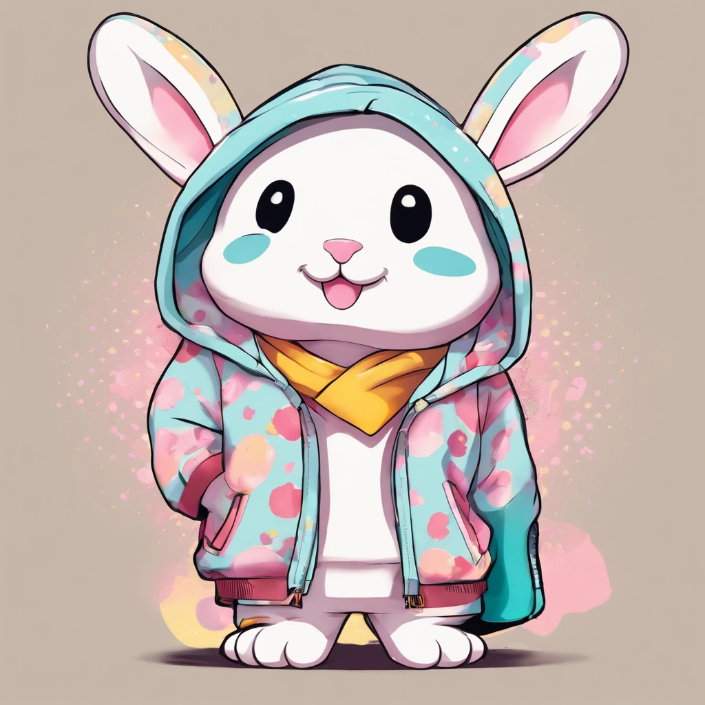 cool, cute, rabbit, large black and white spots, wearing a hoodie, sun shades, cool guy look, plain background, comic dot shading