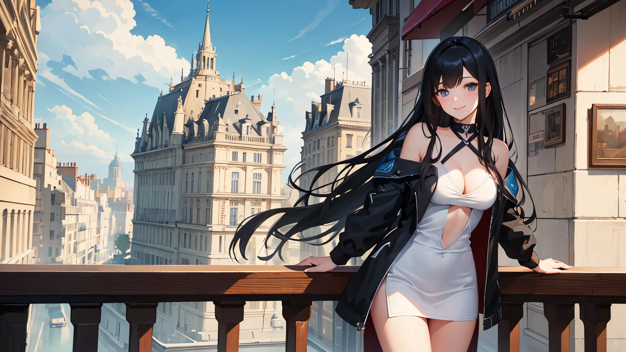 masterpiece, Superior Quality, Very detailed, 8k rendering by CG Unity, A woman looking straight at the observer, Summer Course, Seductive and happy look, In the heart of Paris, smile, Long black hair and cowboy style.