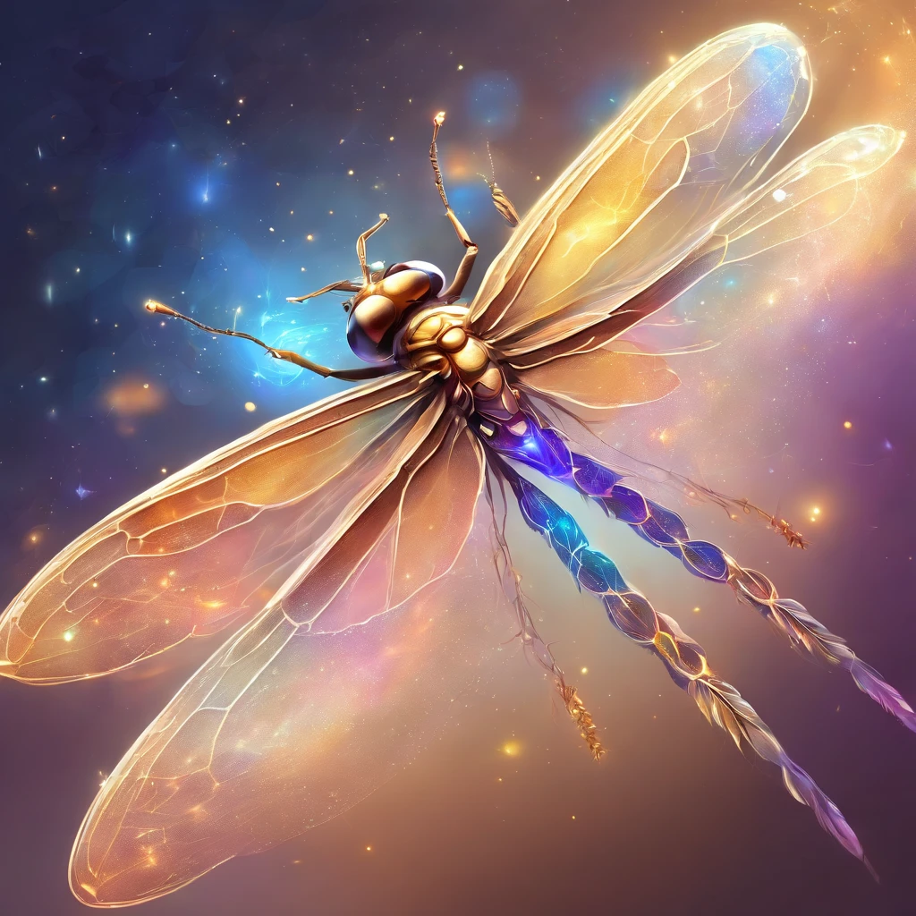 on a white background, in the center, mystical firefly with body, iridescent blue and purple, gold veins and four transparent wings, like a dragonfly. The edges of the wings are decorated with hanging luminous threads. The head is small, with large iridescent compound eyes and a long spiral proboscis. Insect surrounded by glowing haze and pollen particles, like stars. White background., in the center
