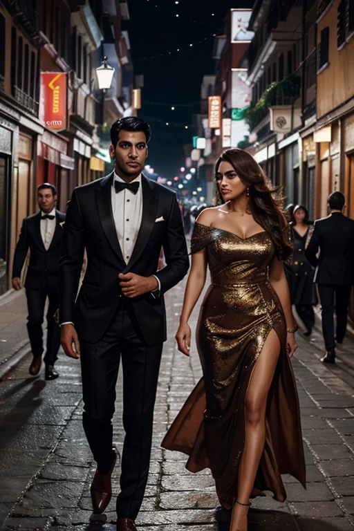 Realistic illustration: A tall, handsome man named Ravi, dressed in formal attire, discreetly trails behind Roma with an air of intrigue and curiosity. His piercing eyes never leave her, taking in every move she makes. Roma, a curvaceous woman with a fierce personality, bears an uncanny resemblance to Kate Winslet. Her long brown hair flows freely around her shoulders, adding to her captivating presence. Amidst the bustling city streets under the cover of night, the vibrant and colorful setting serves as an ideal backdrop to this intriguing scene. With Unreal Engine 5.2, this hyper-realistic illustration is brought to life in 1